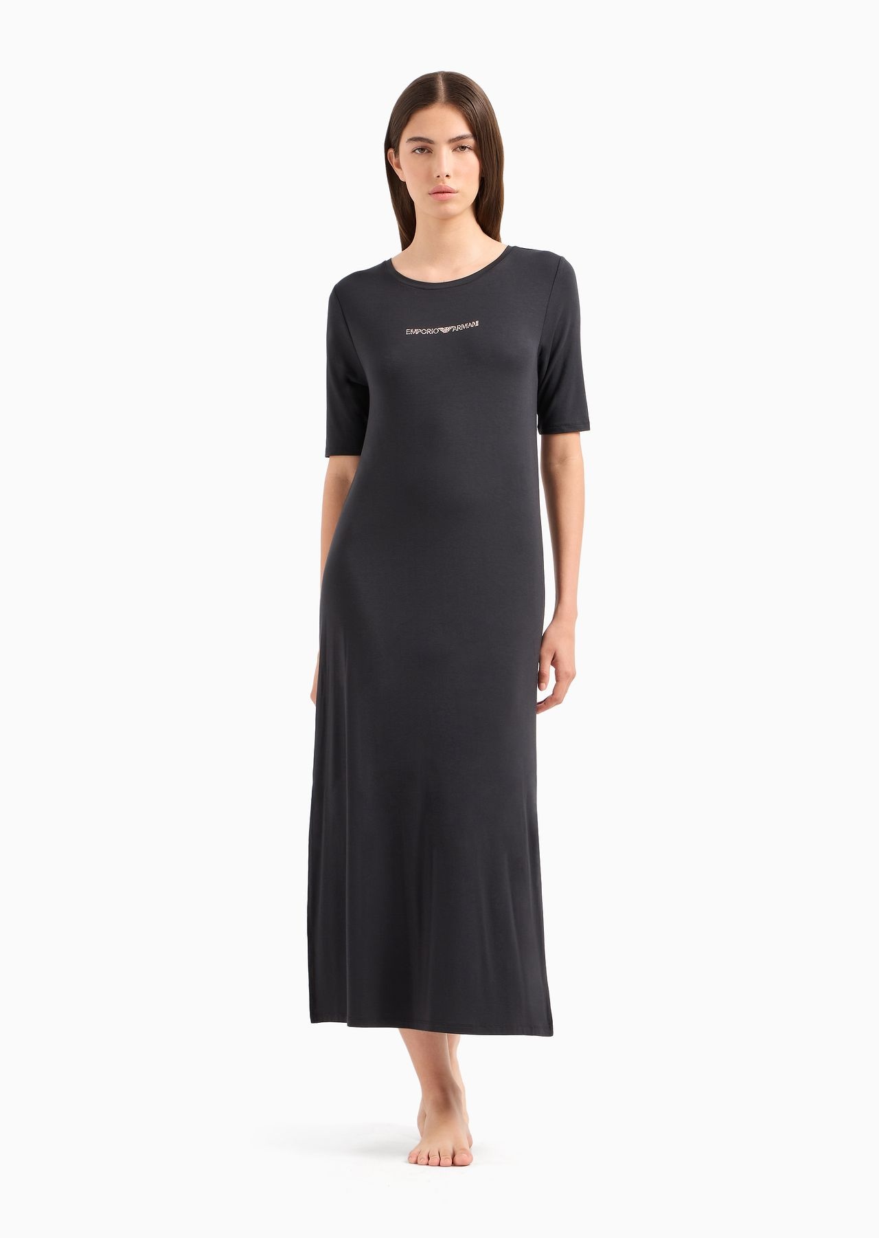 Stretch-viscose long beachwear dress with micro-studded logo - 2