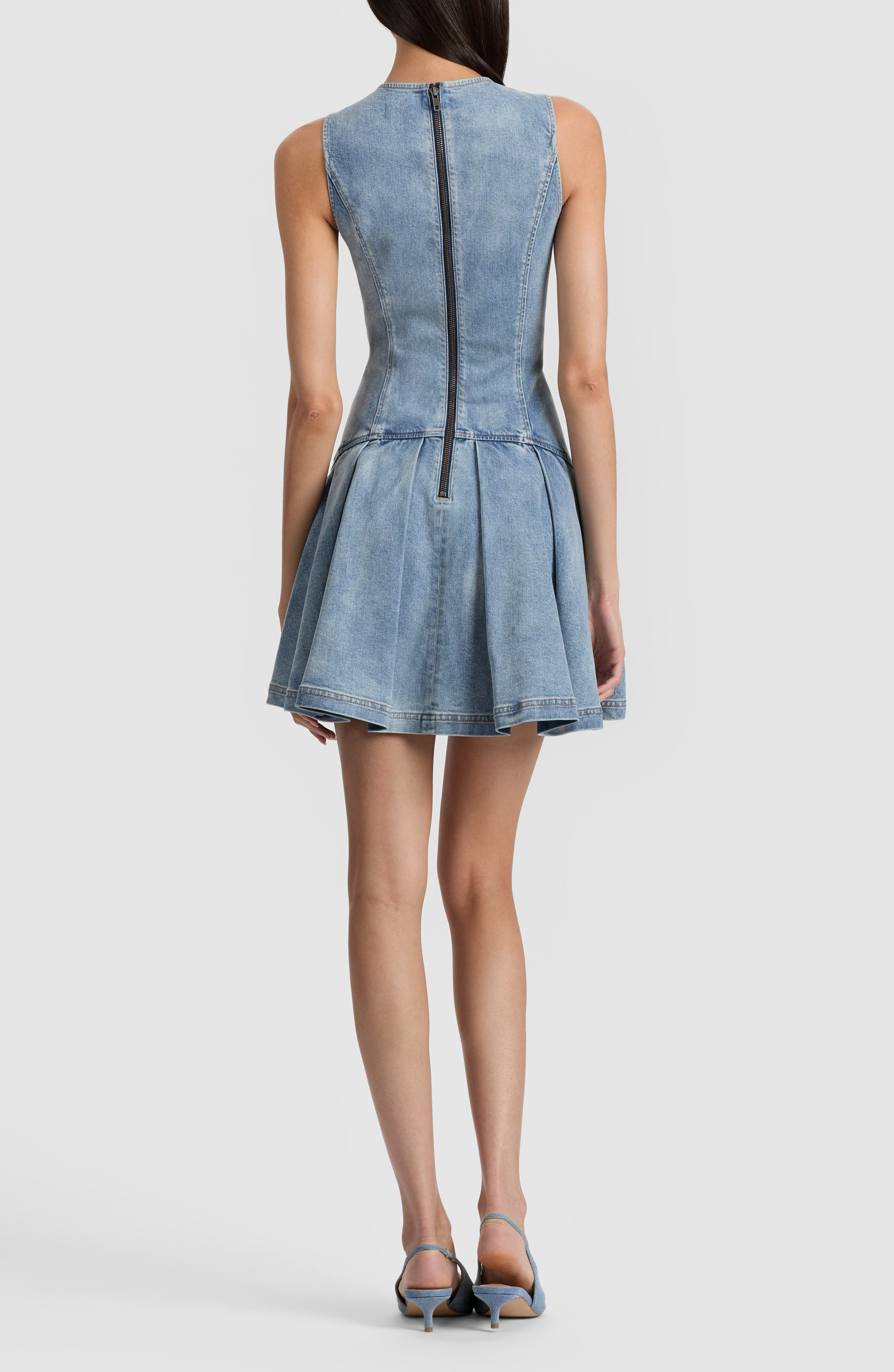 Alice + Olivia Adley Pleated Drop Waist Denim Minidress in Anabell Blue at Nordstrom - 2