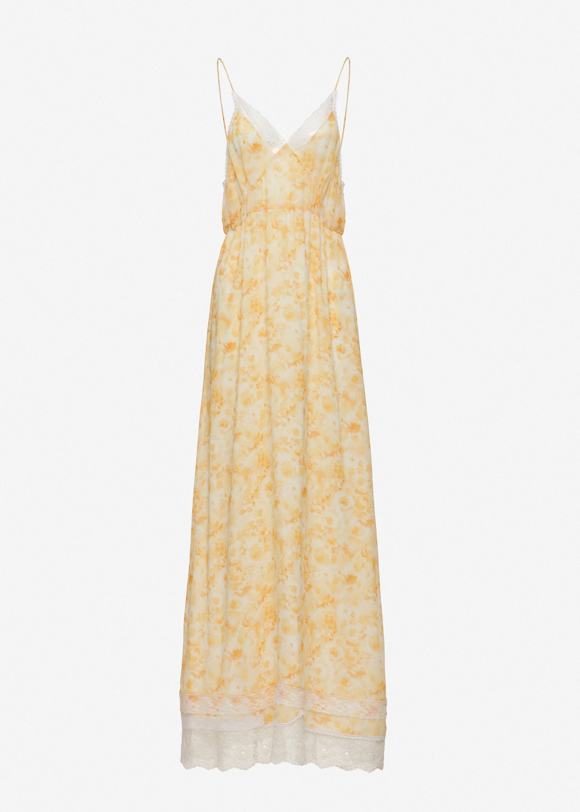 Lace-trim silk slip maxi dress in yellow print - 1