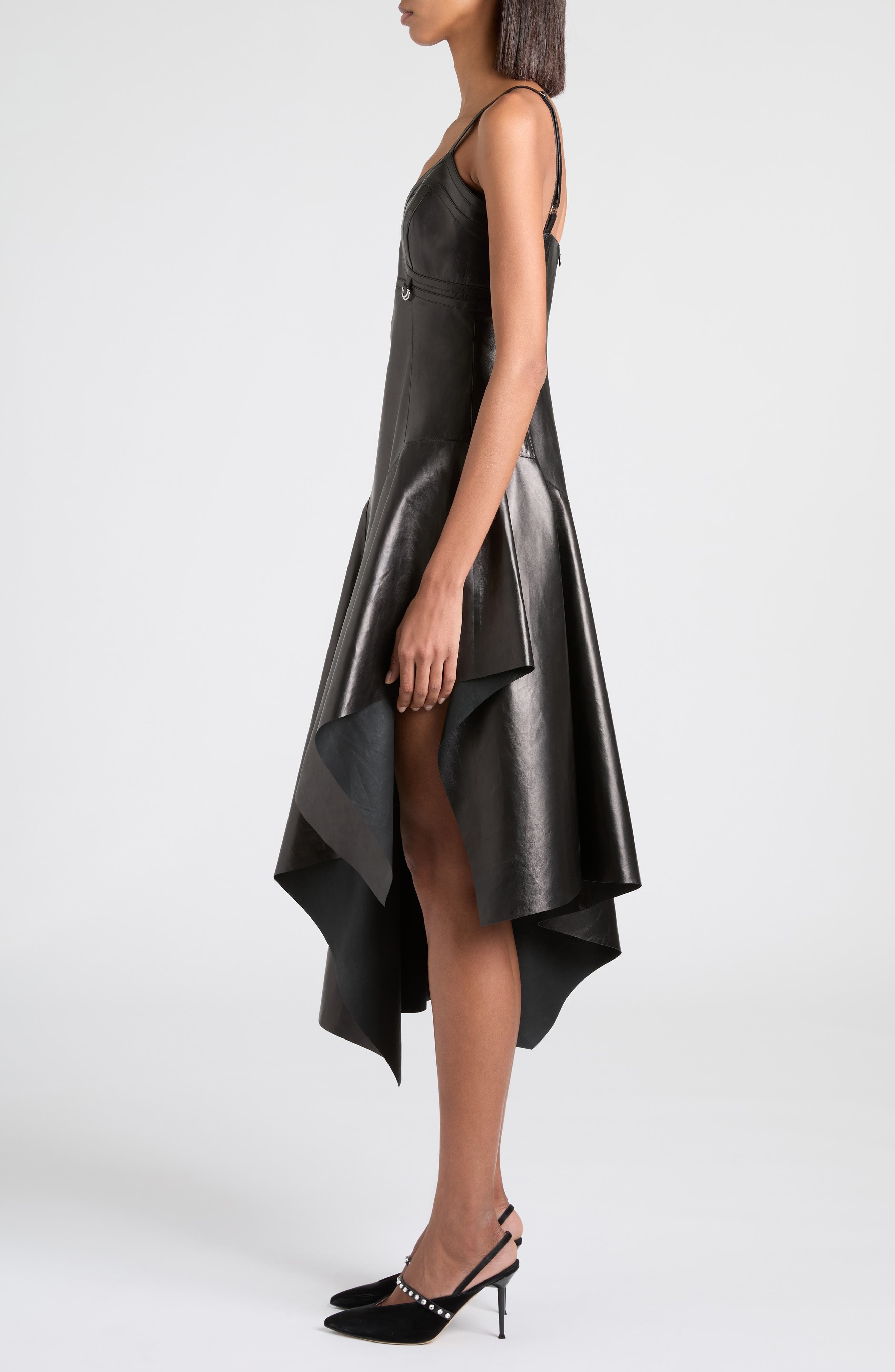 McQueen Asymmetric Draped Leather Dress in Black at Nordstrom - 3