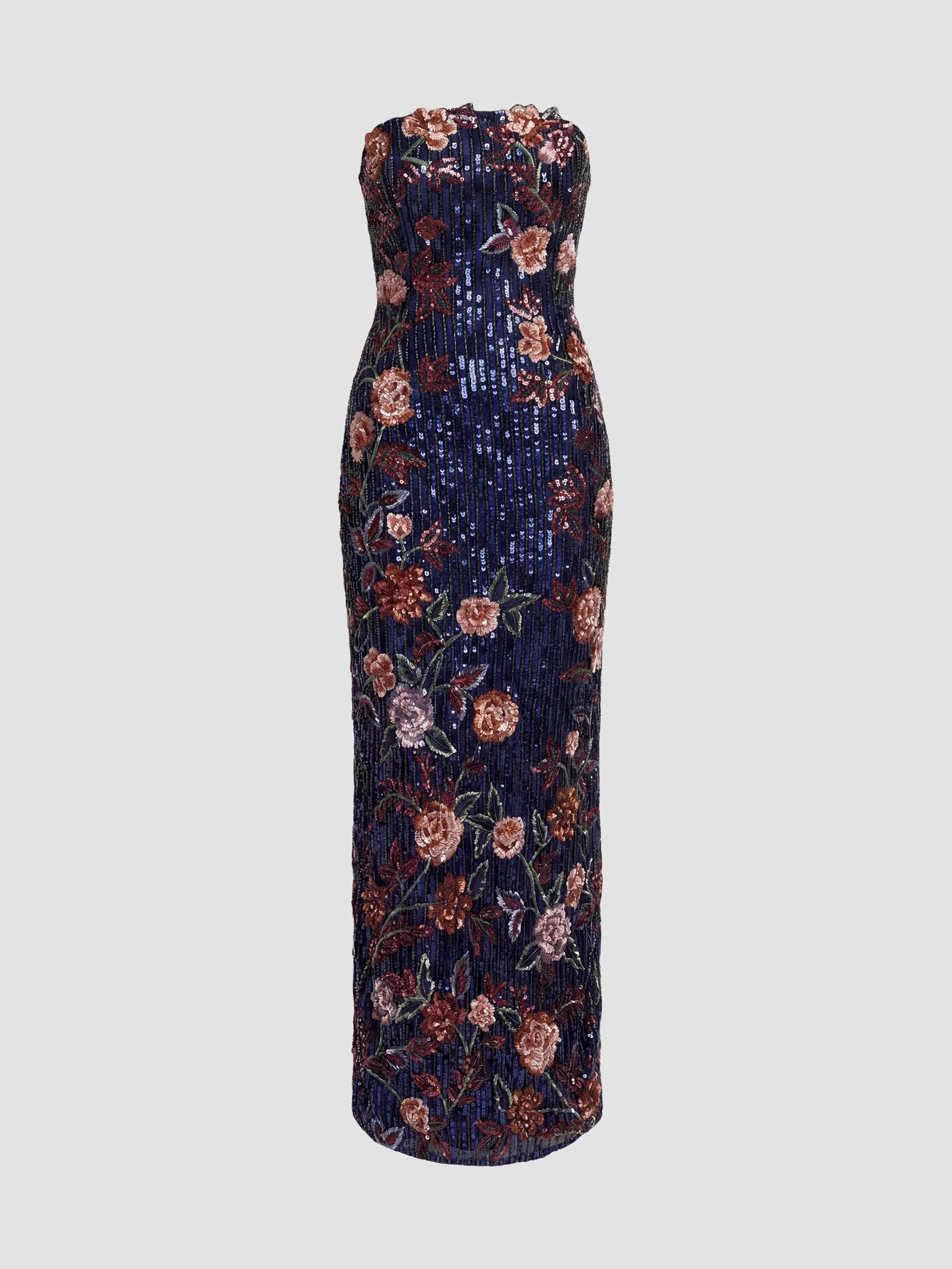 Women's Floral Sequin Strapless Column Dress - Midnight Multi - 1