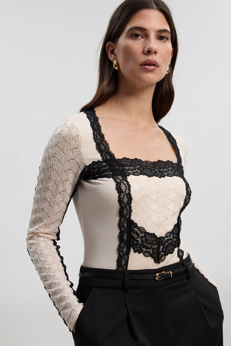 Lace Textured Scoop Neck Bodysuit 1