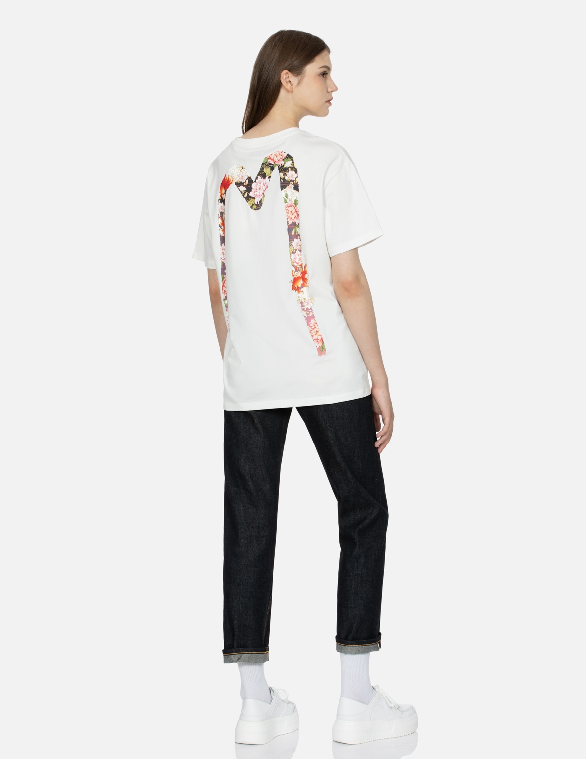 GOLDFISH AND FLORAL FLOW BRUSHSTROKE DAICOCK PRINT BOYFRIEND T-SHIRT - 3