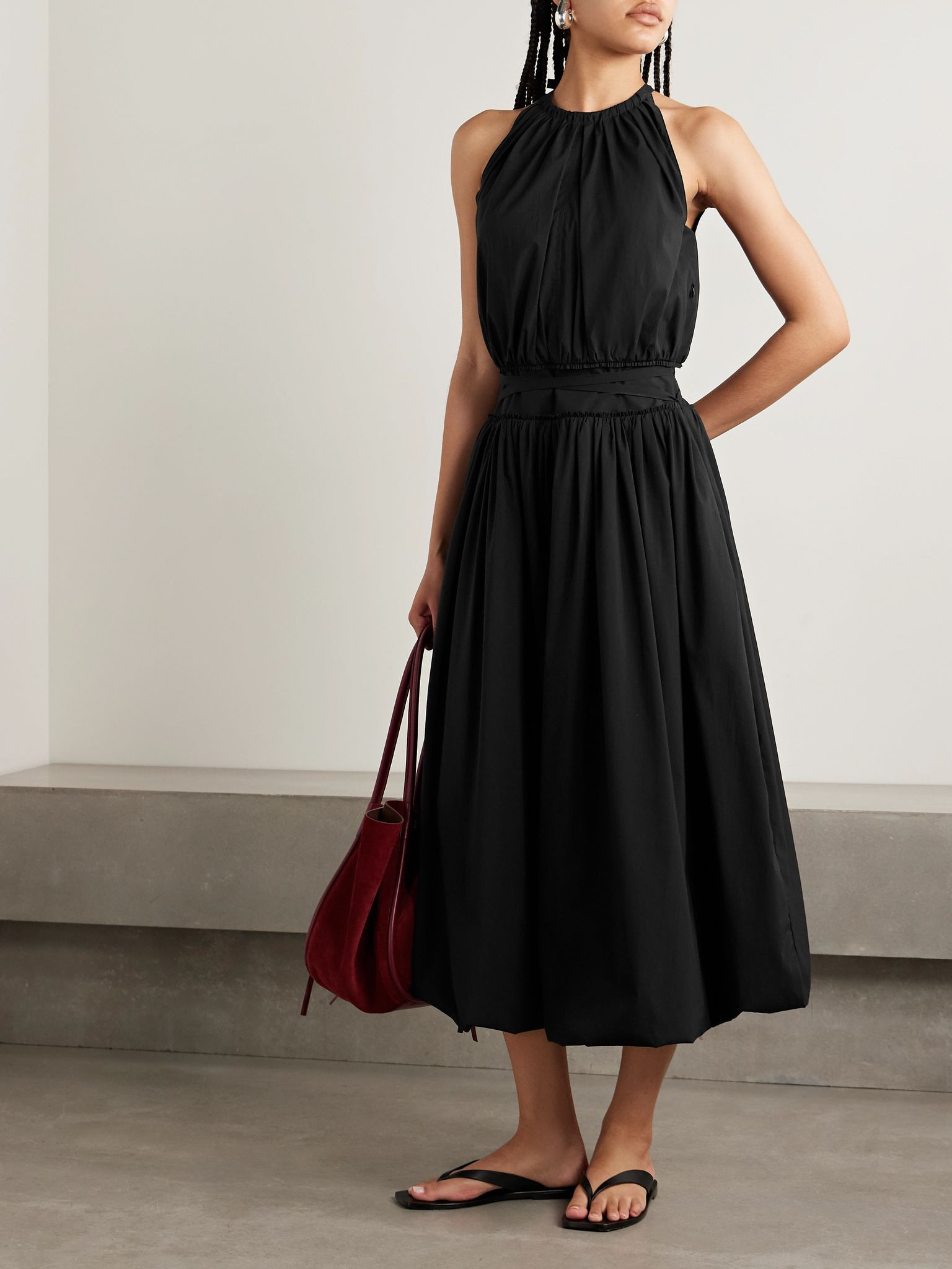 Wylie belted gathered poplin midi dress Black - 2