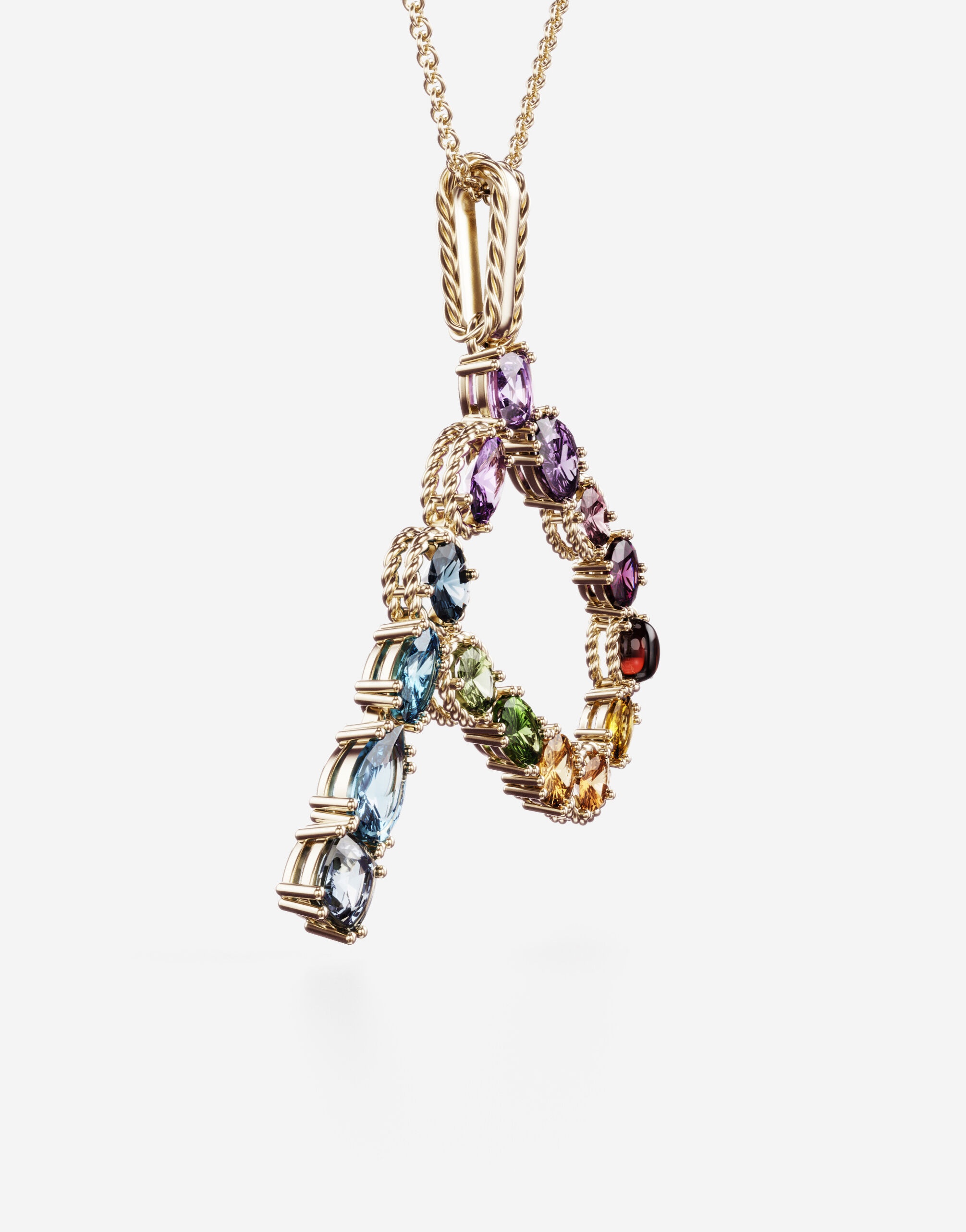 Rainbow alphabet P pendant in yellow gold with multicolor fine gems - 3