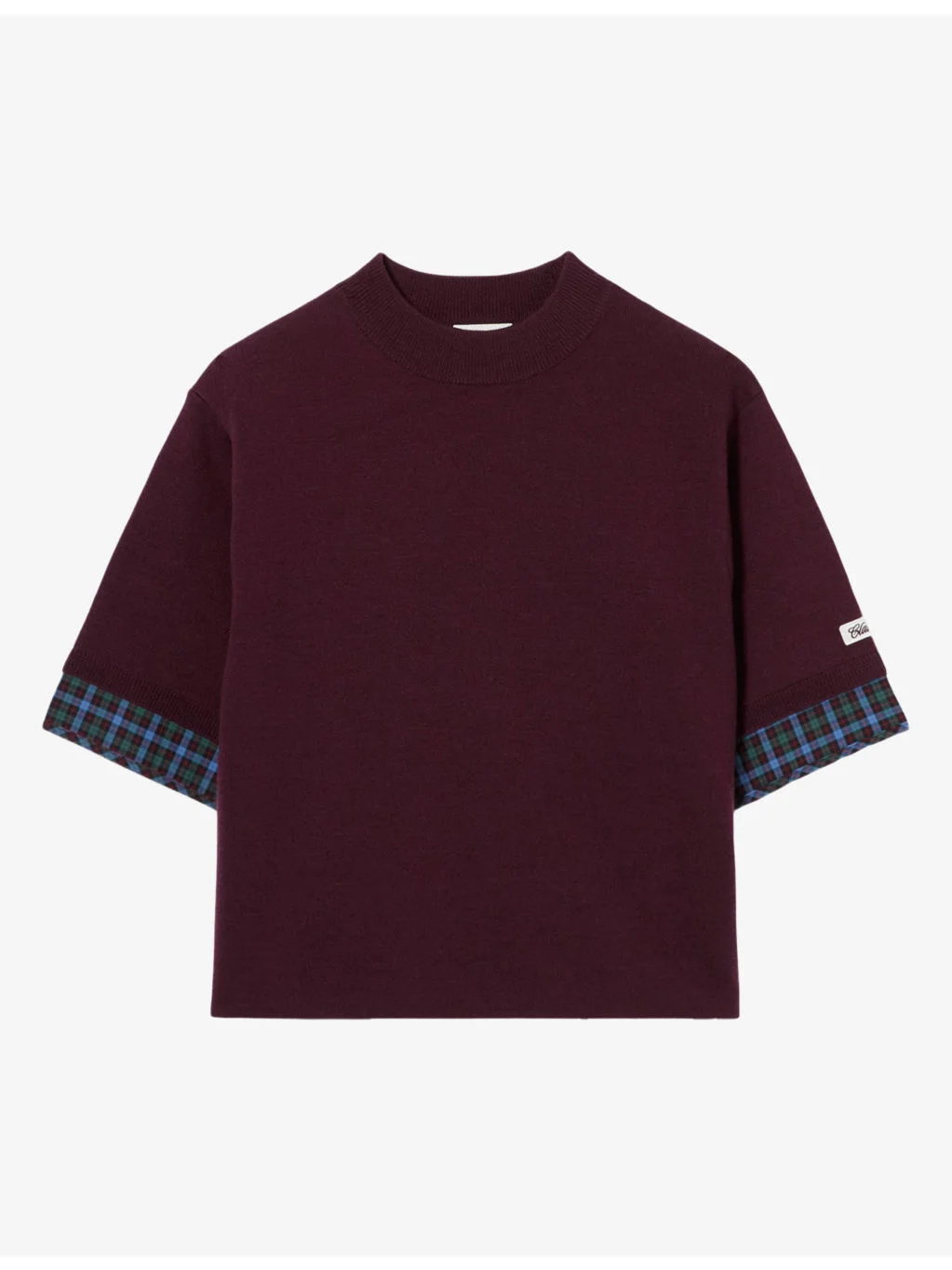 Short-Sleeved Checked-Trim Knitted Jumper - 1