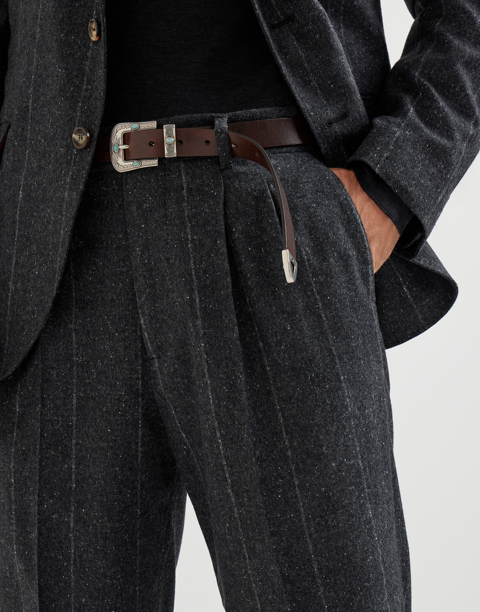 Silk, wool and cashmere flecked chalk stripe flannel leisure fit trousers with double pleats - 3