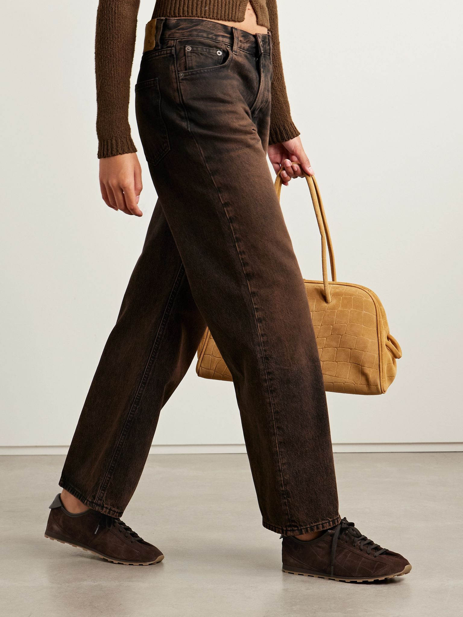 The Tennis leather-trimmed croc-effect suede sneakers Brown - 2