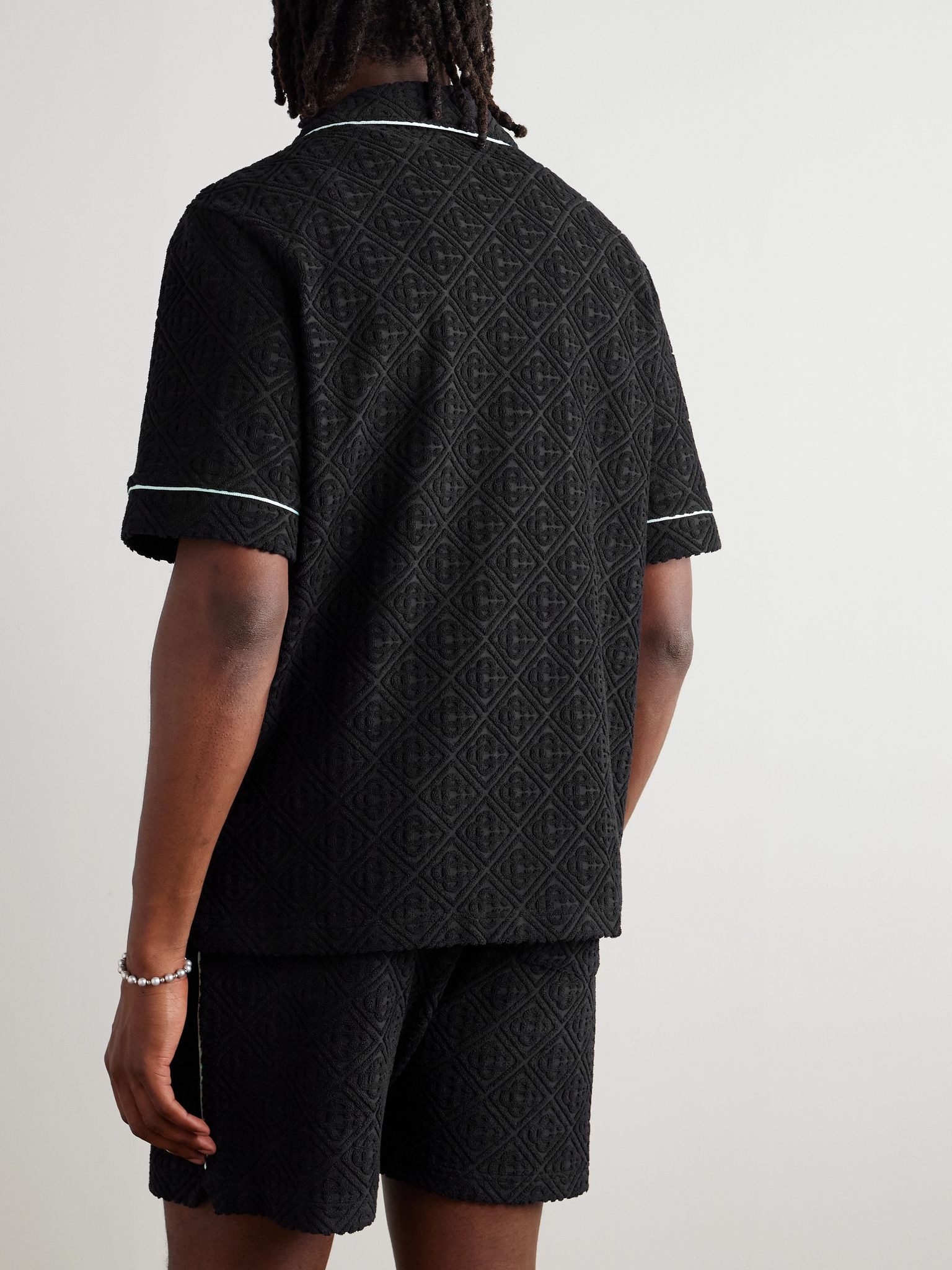 Camp-Collar Logo-Appliquéd Monogrammed Cotton-Blend Terry Jacquard Shirt Black - 3