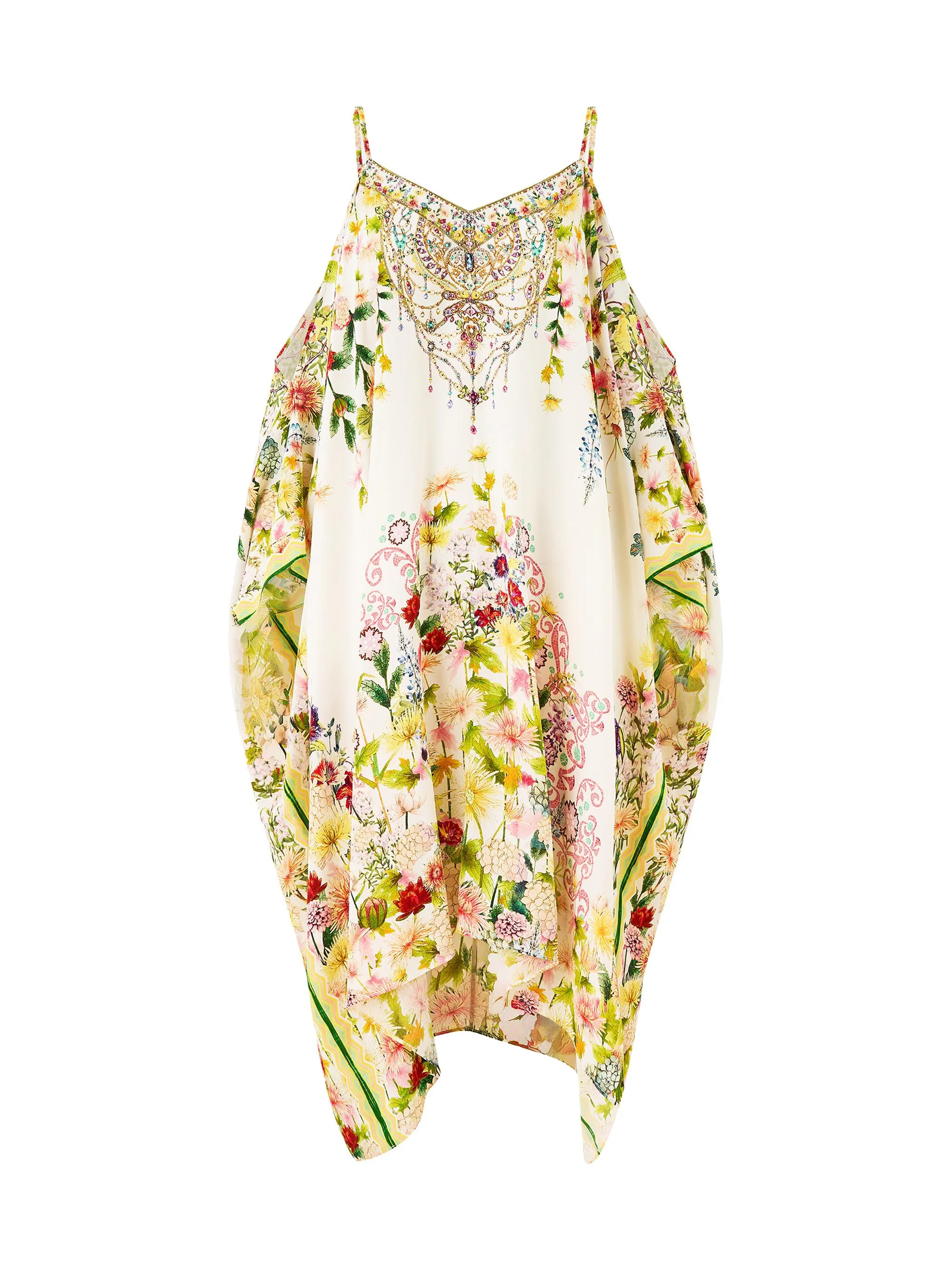 Women's Printed Silk Cold-Shoulder Caftan - The Call Of Catalonia - 1