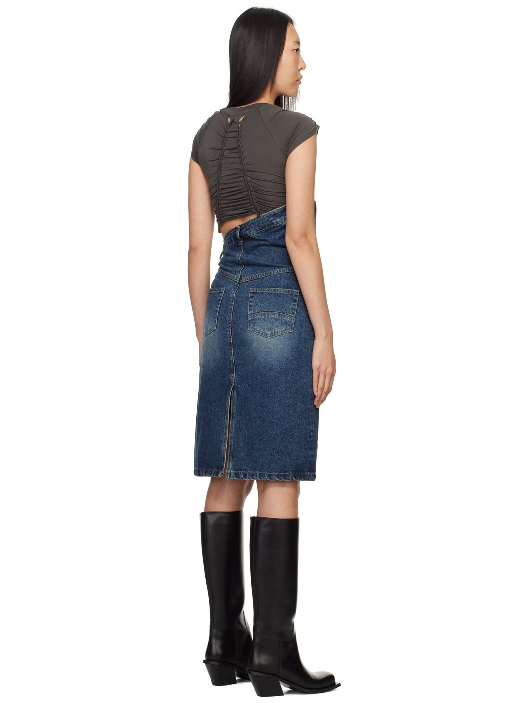 Blue Folded Denim Midi Skirt - 3