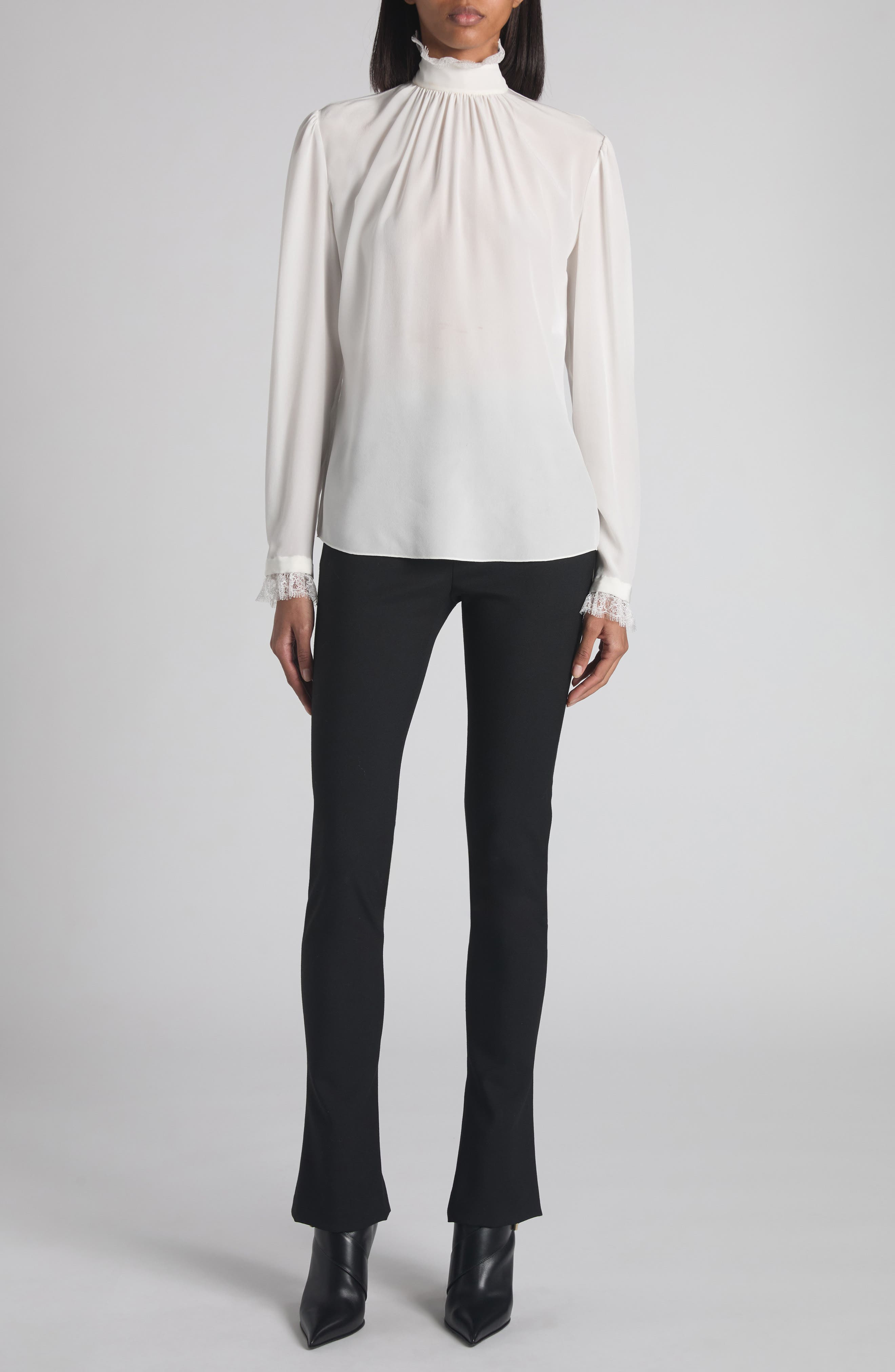 McQueen Lace Insert Silk Crêpe de Chine Top in Light Ivory at Nordstrom - 2