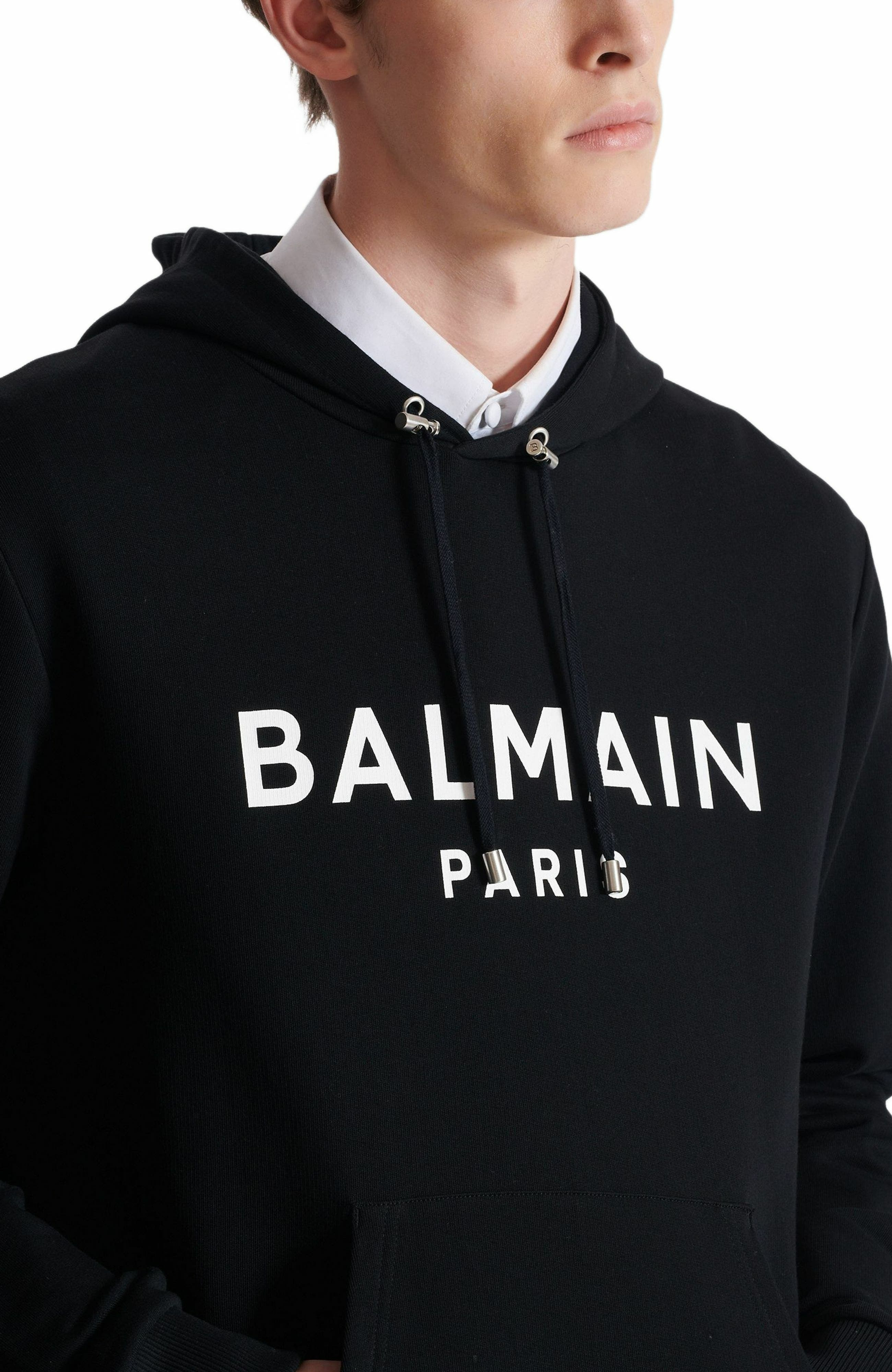 Balmain Logo Organic Cotton Graphic Hoodie in Black/White at Nordstrom - 6