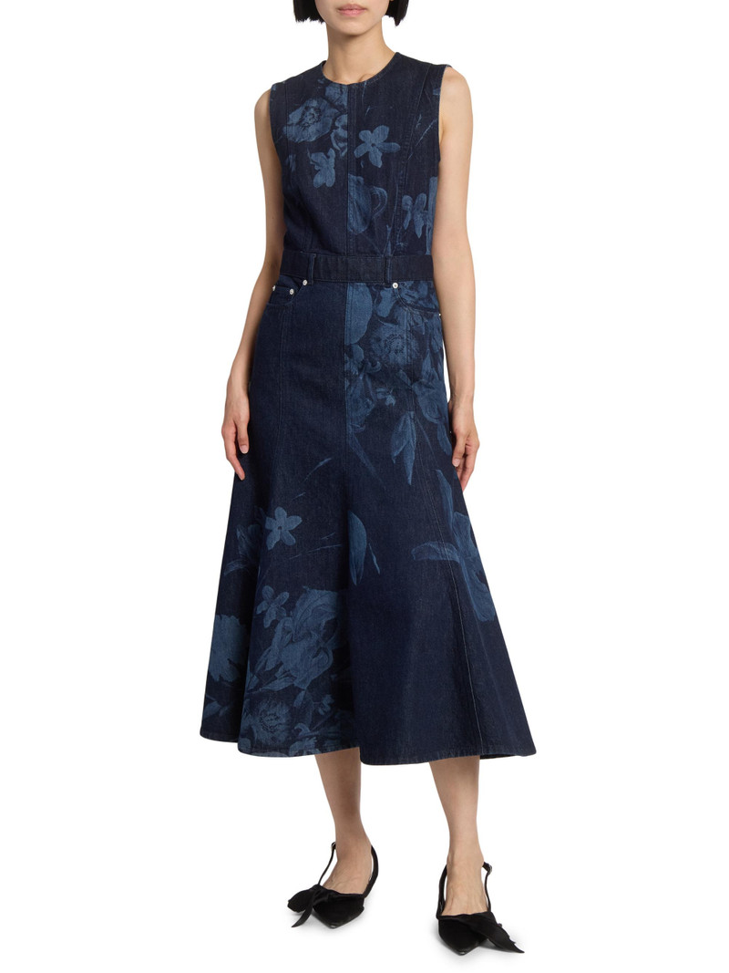 Women's Denim Floral Fluted Midi-Dress - Dutch Flower Painting Indigo 3