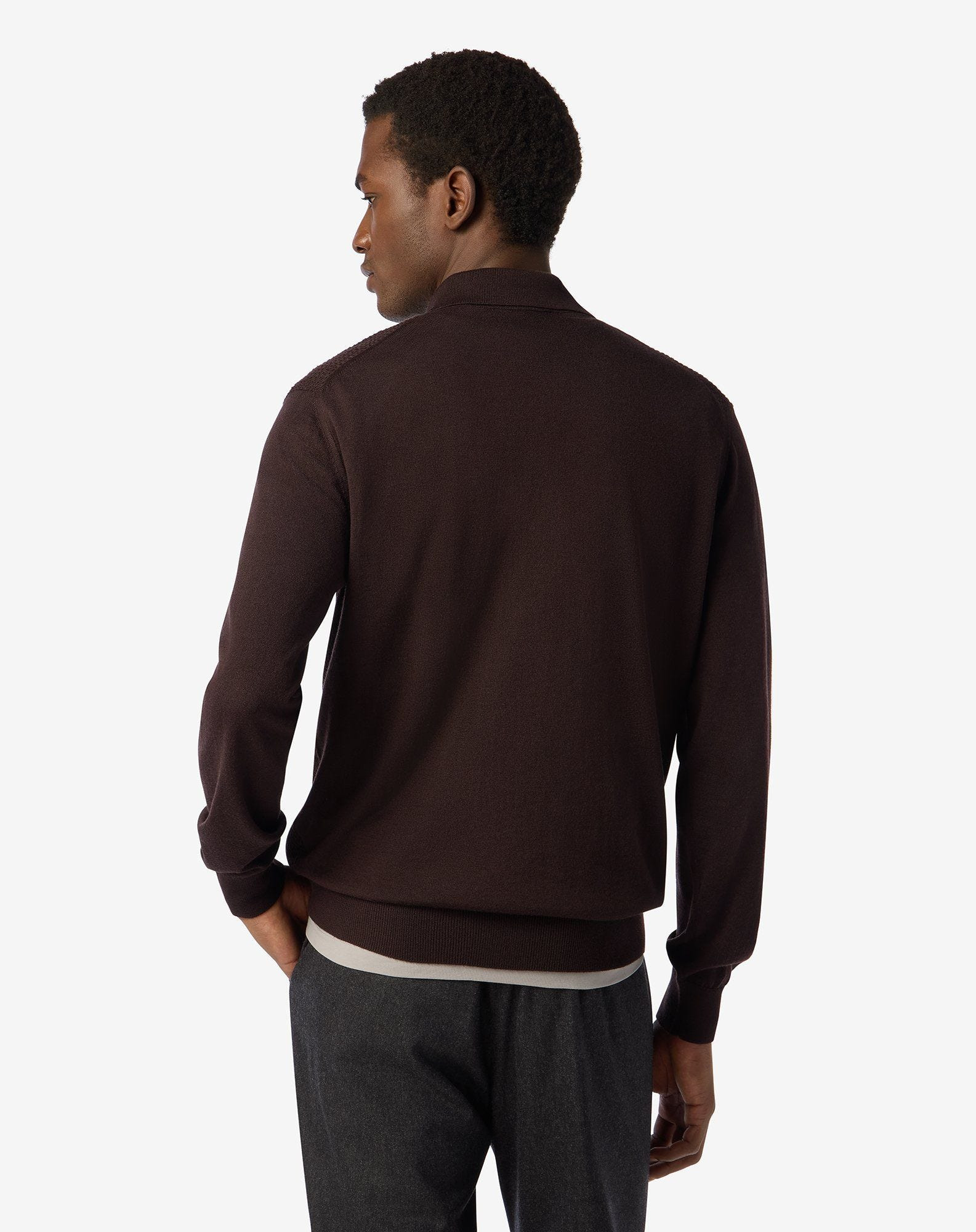Brown zip-up extra fine wool polo shirt - 3