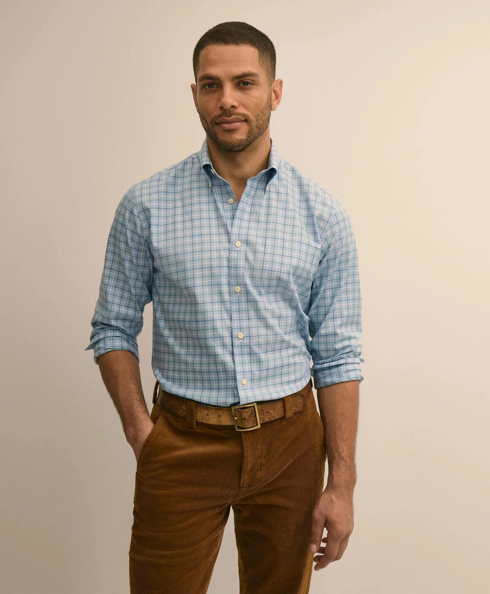Supima® Cotton Non-Iron Twill Button Down Collar Check Sport Shirt - 1