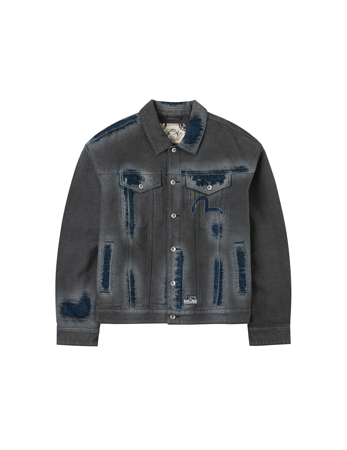 Distressed Seagull and Logo Print Relax Fit Washed Denim Jacket - 14