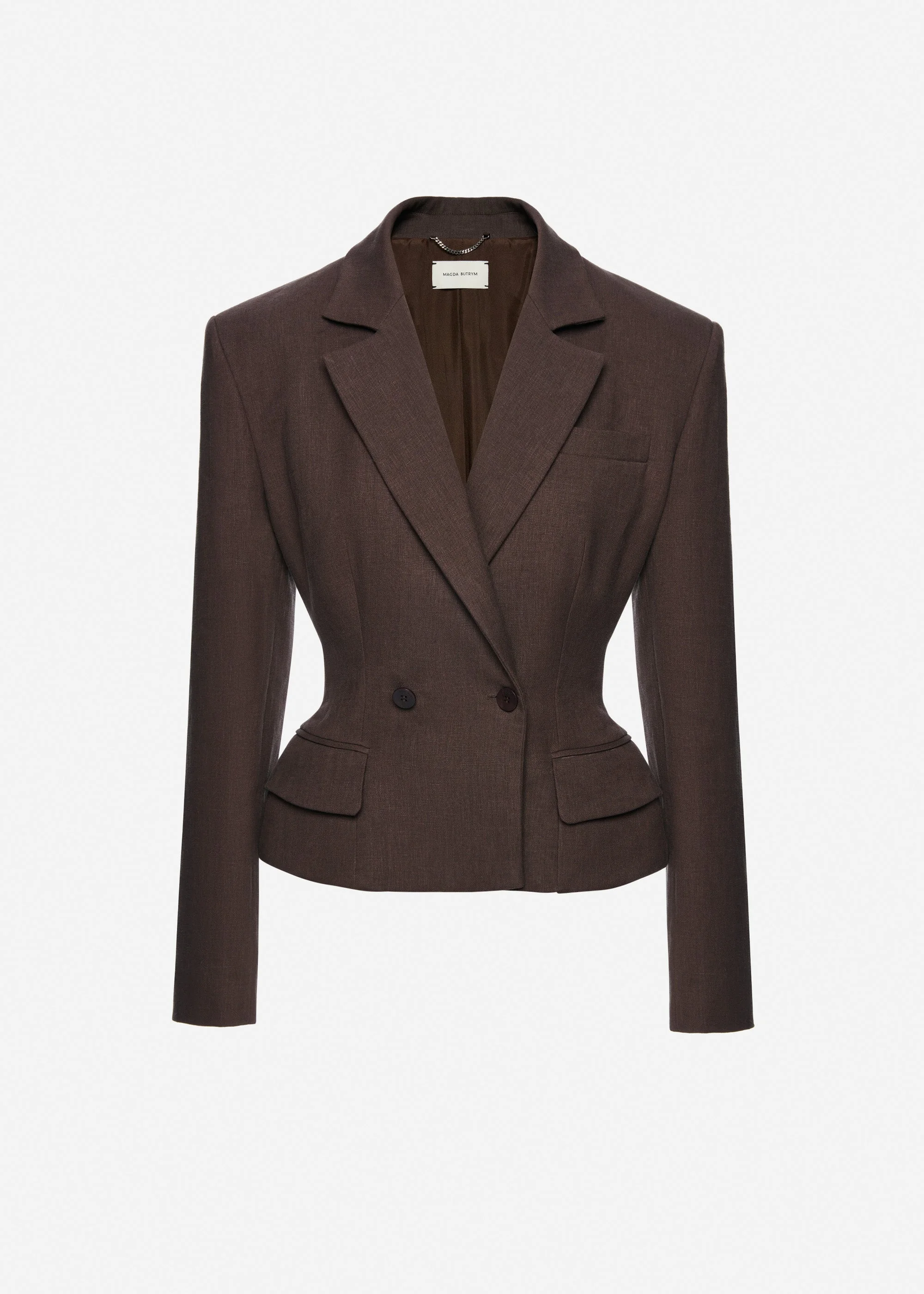 Fitted linen double breasted blazer in brown - 1