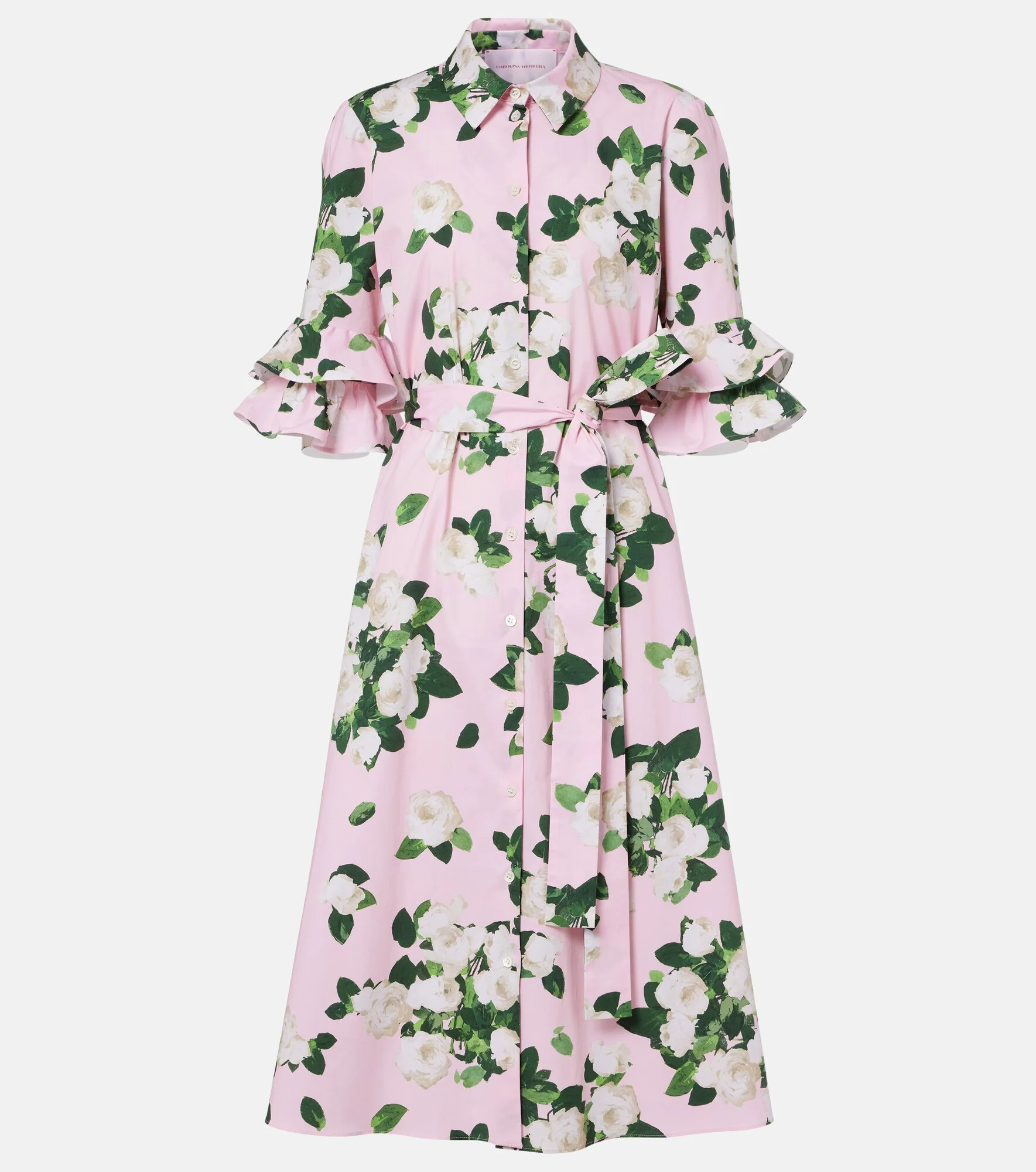Belted floral cotton-blend shirt dress - 1
