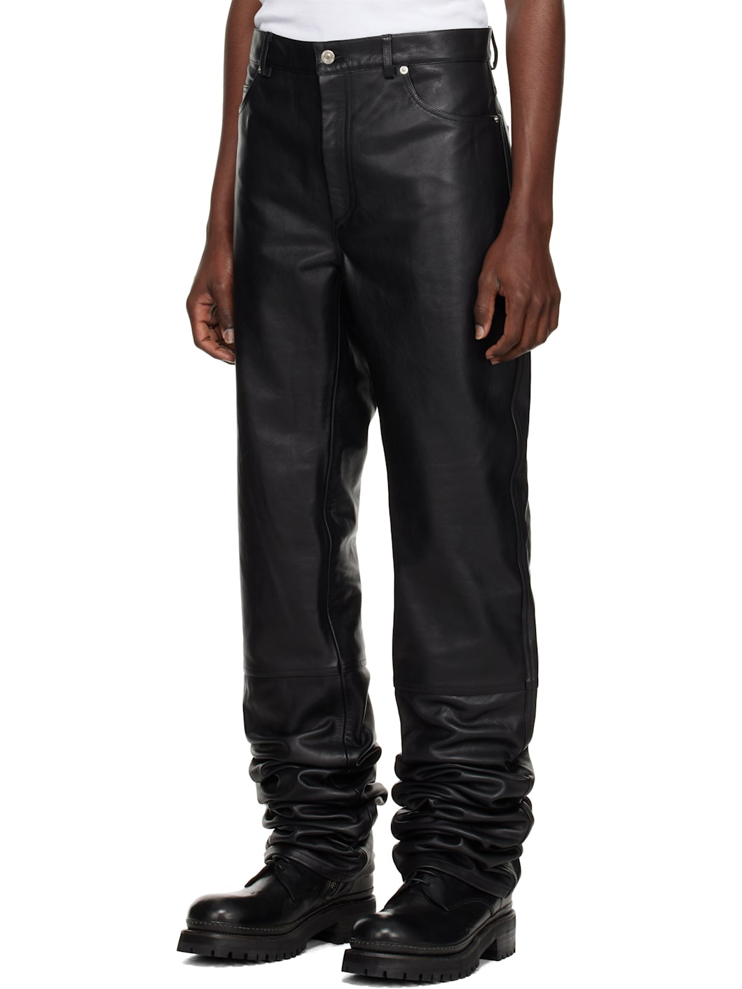 Black Stacked Straight Leg Leather Pants - 4
