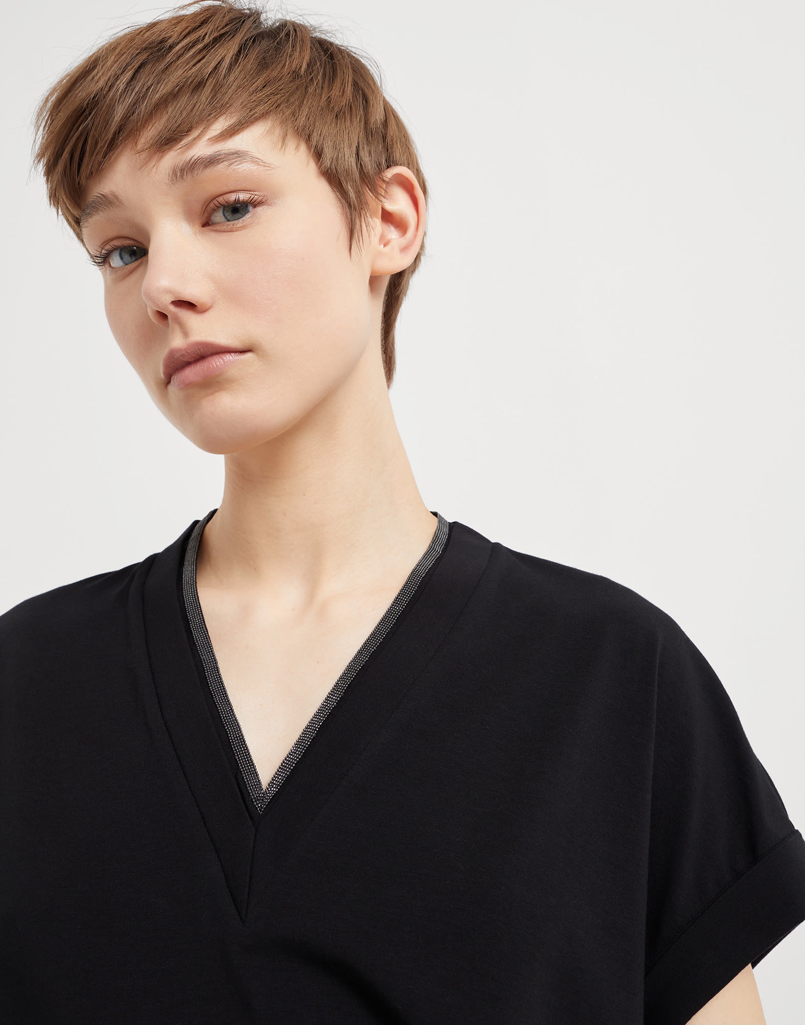 Stretch cotton jersey T-shirt with precious neckline - 3