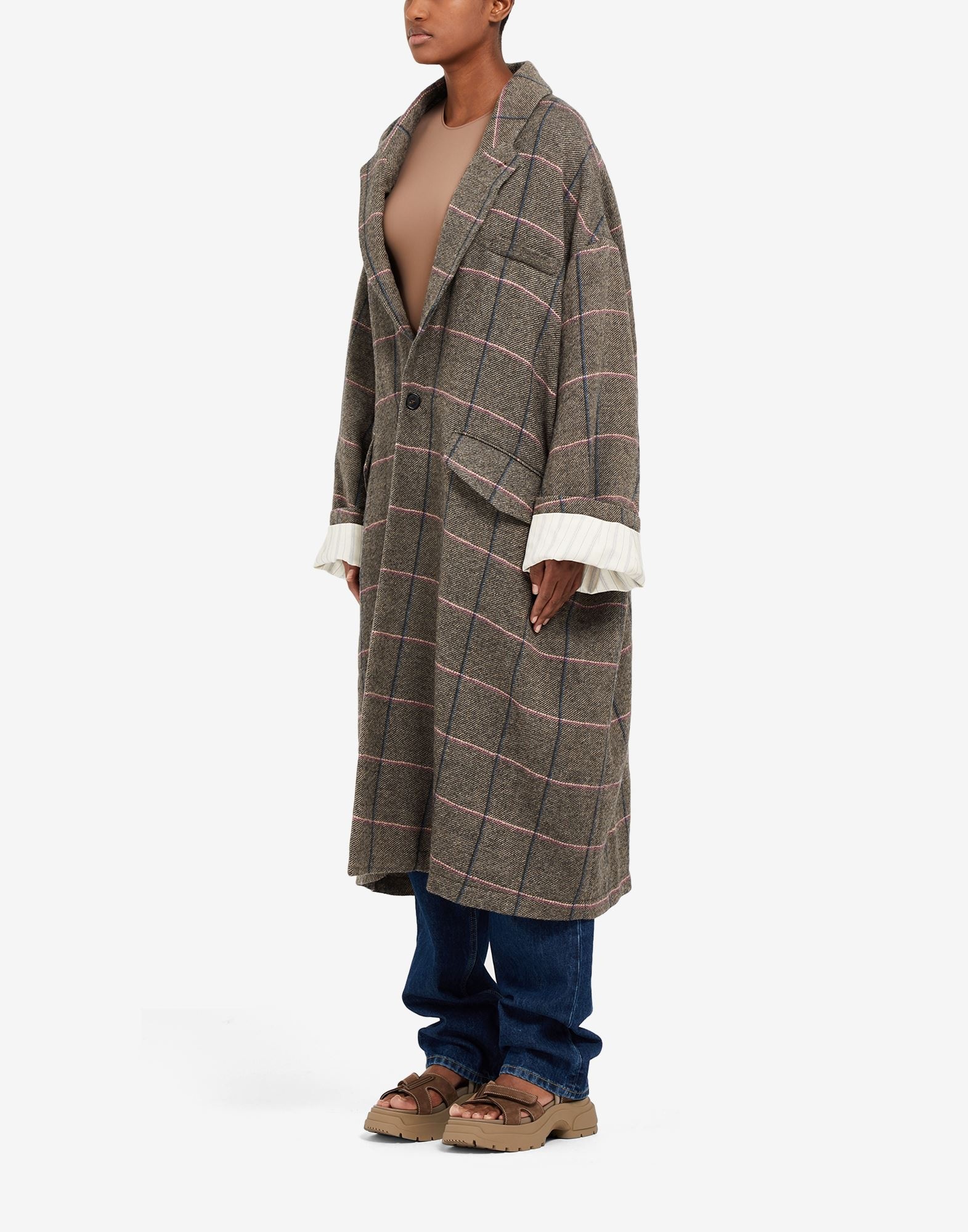 Check print wool long windowpane coat - 5