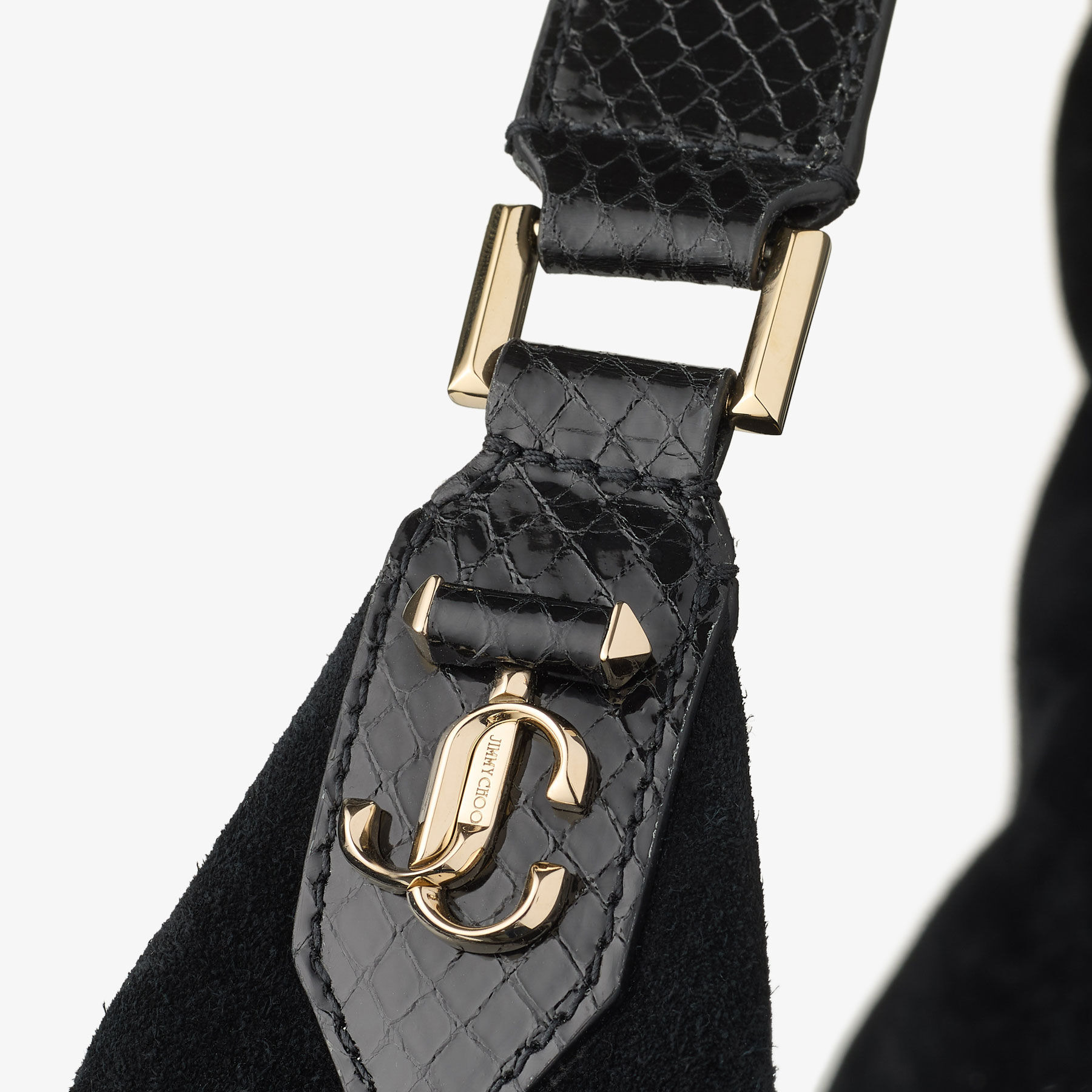 Bar Hobo L
Black Suede Shoulder Bag with Shiny Snake Printed Leather Trims - 3
