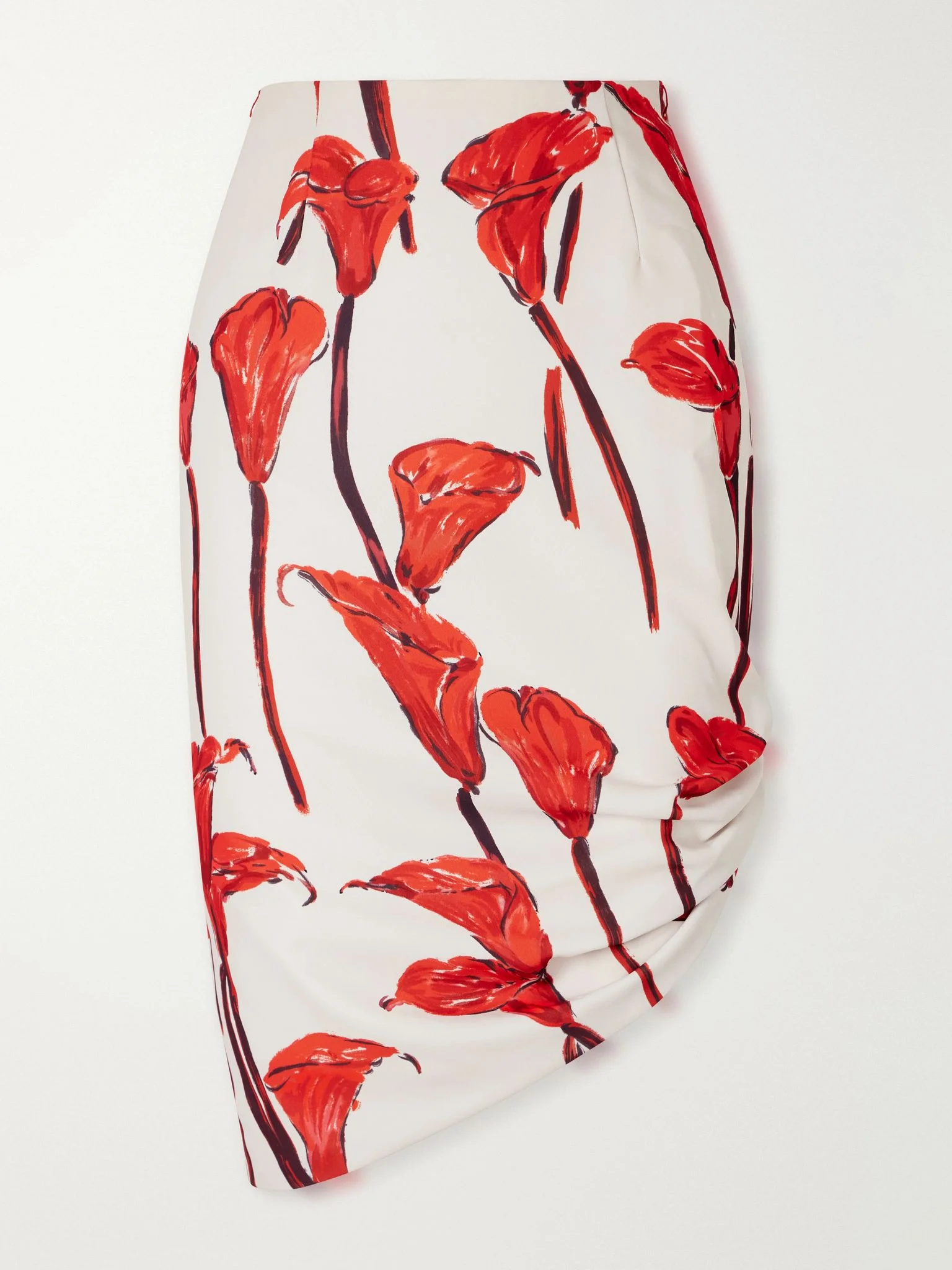 Asymmetrical floral-print cady midi skirt Red - 1