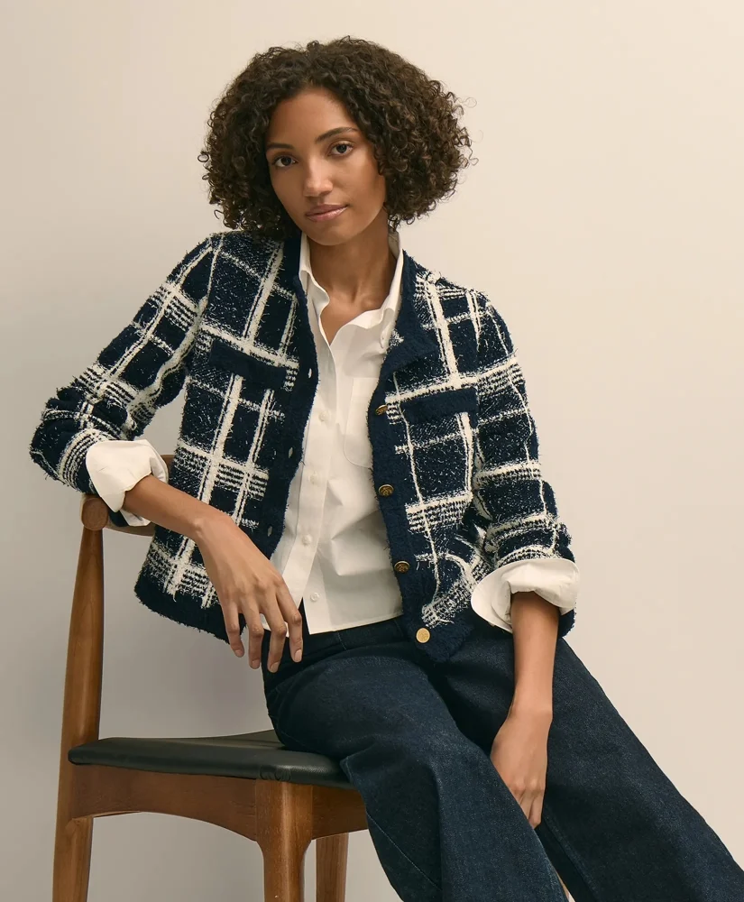 Cotton-Blend Soft Plaid Cardigan - 1