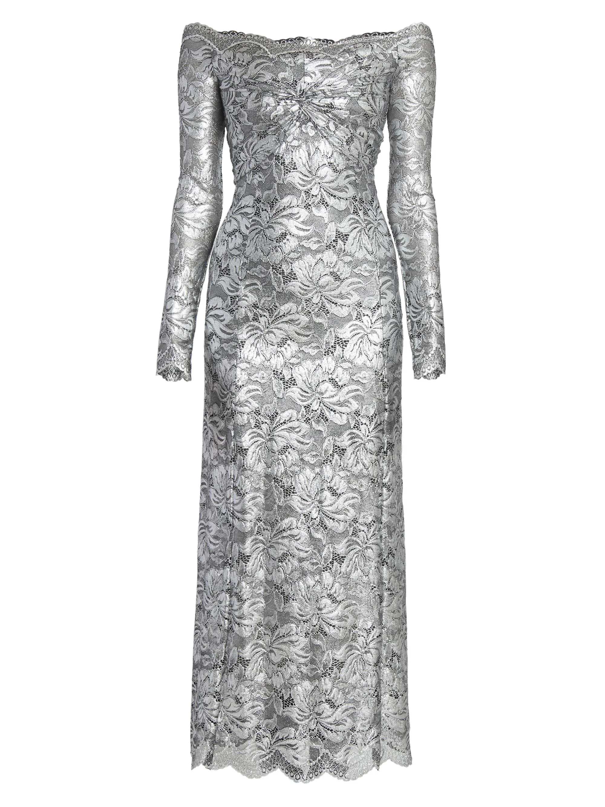 Women's Metallic Lace Off-Shoulder Maxi Dress - Black Silver - 1