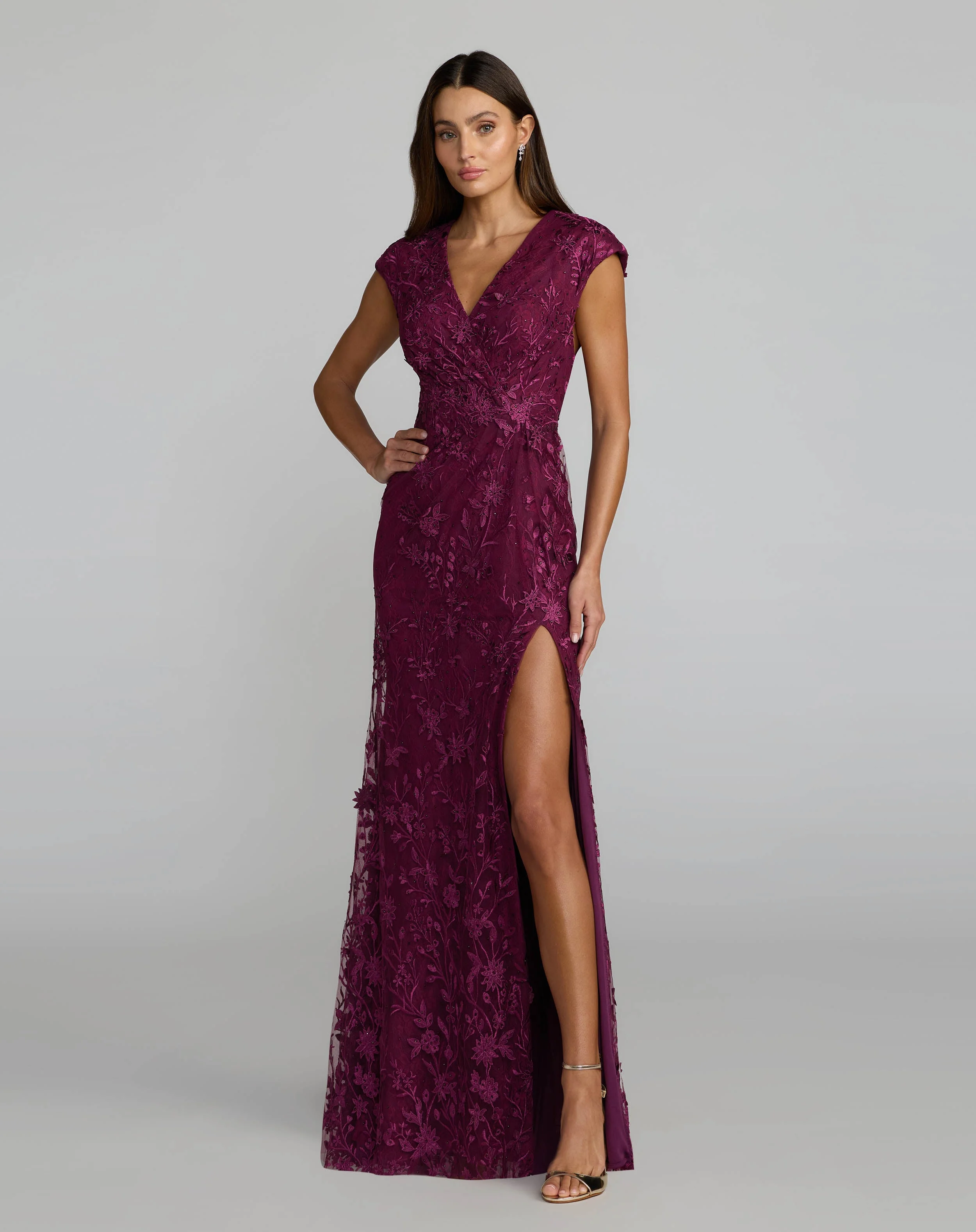 Amethyst Faux Wrap Floral Embroidered Cap Sleeve Gown - 1