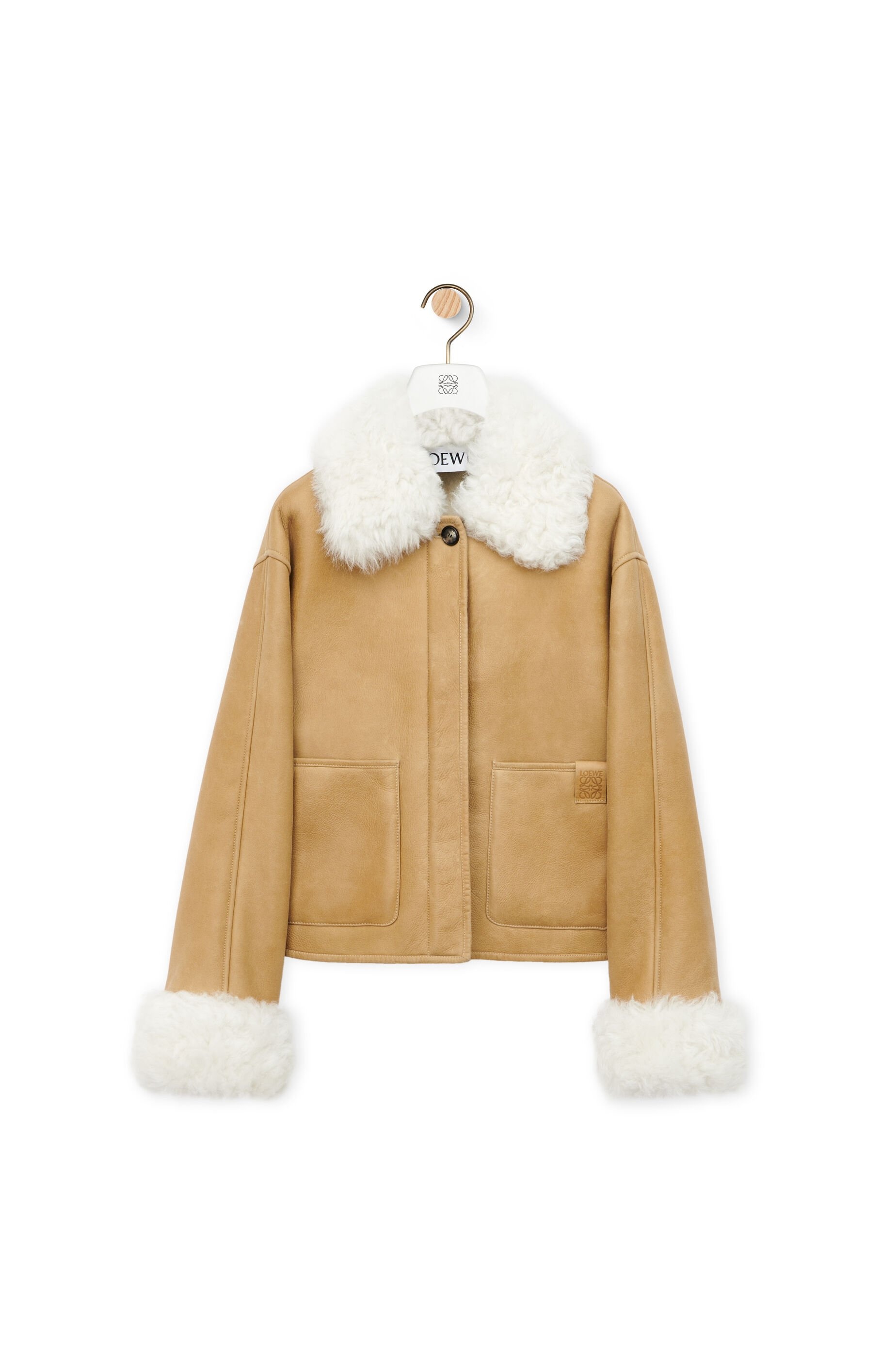 レザージャケット・コート Loewe Beige Shearling Jacket Shearling-trimmed leather jacket in brown - Loewe | Mytheresa