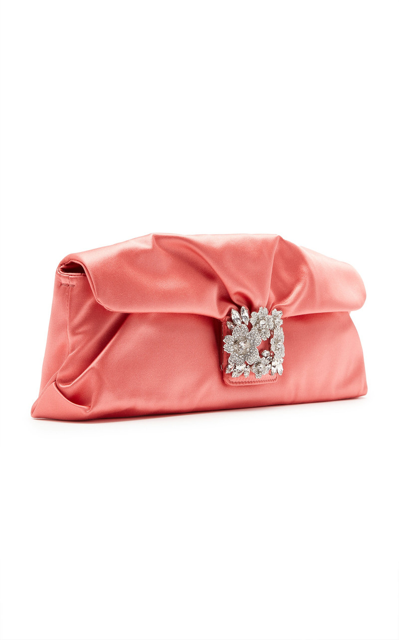 Roger Vivier Bouquet Strass-Embellished Buckle Satin Clutch orange outlook