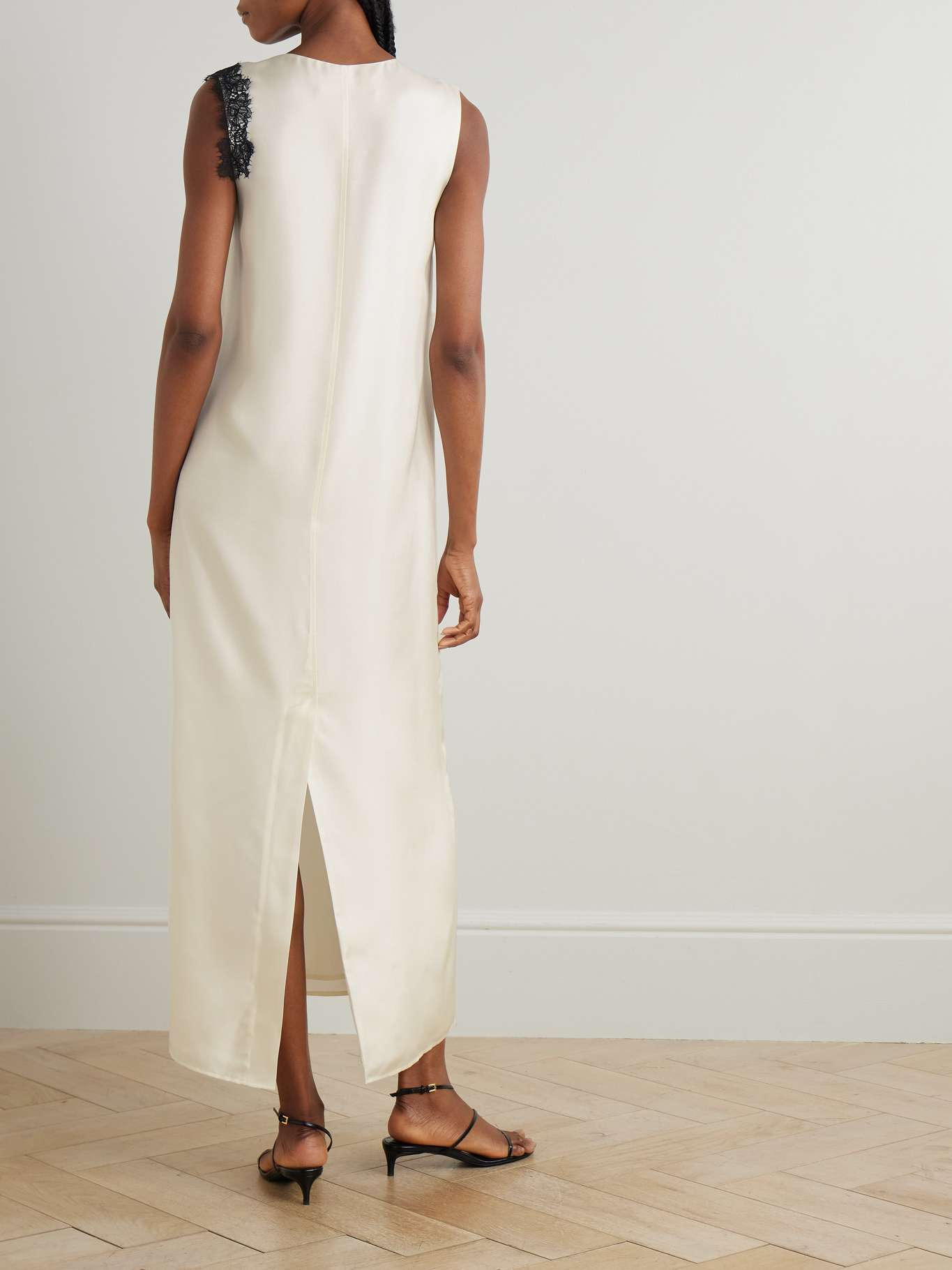 Lace-trimmed silk-satin maxi dress Cream - 3