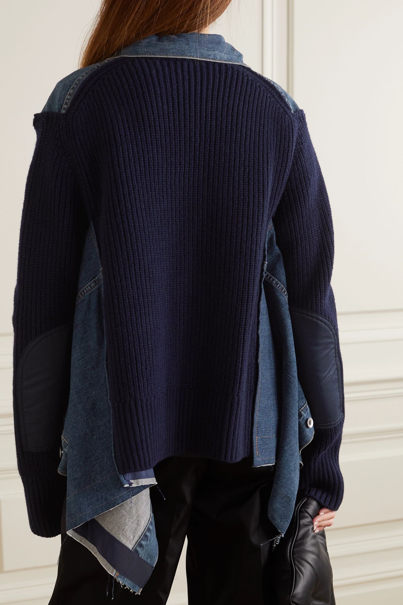 Asymmetric shell-trimmed paneled denim and ribbed wool jacket - 3