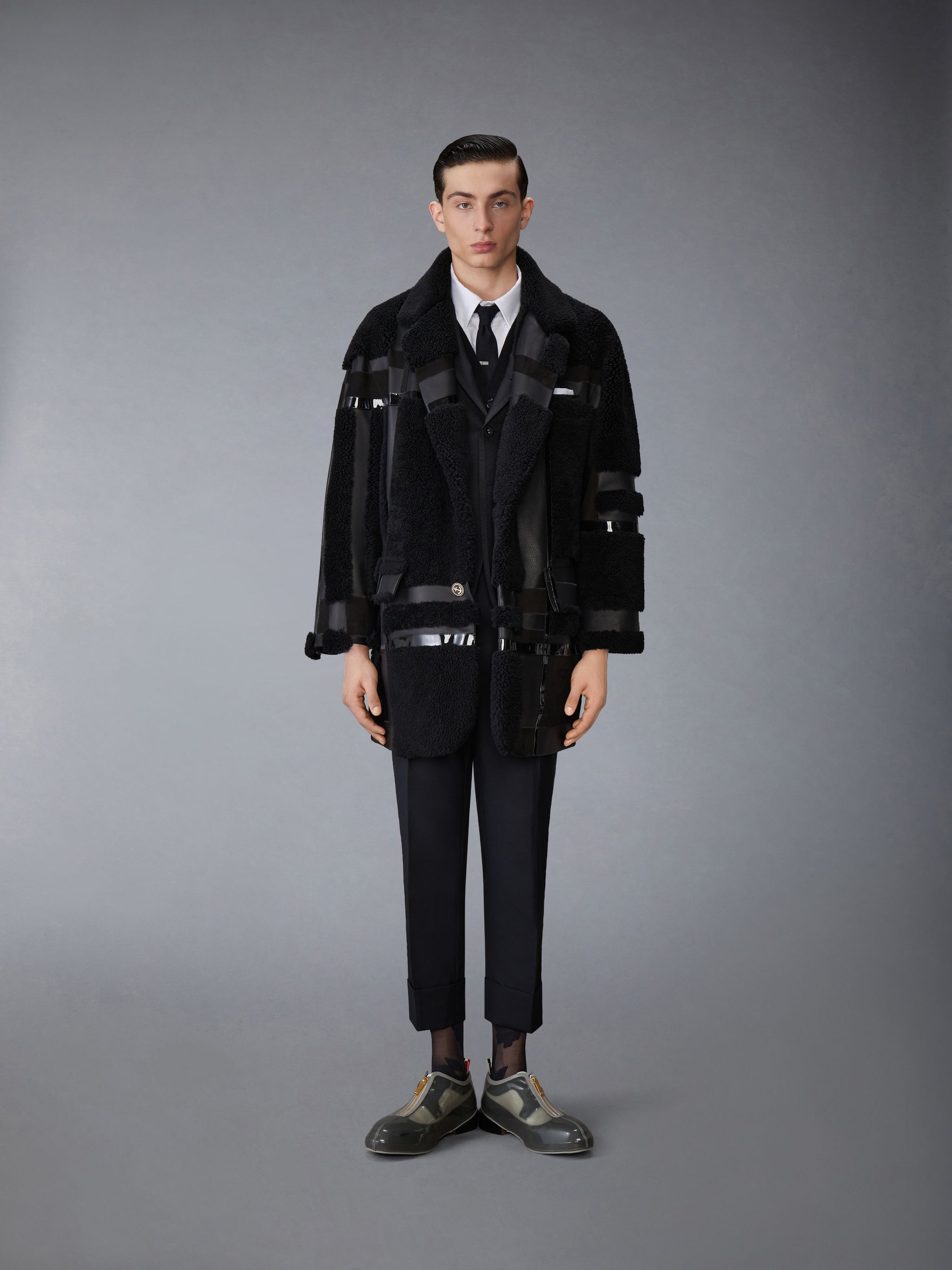 Intarsia Mixed Leather Dyed Shearing Oversized Overcoat - 3