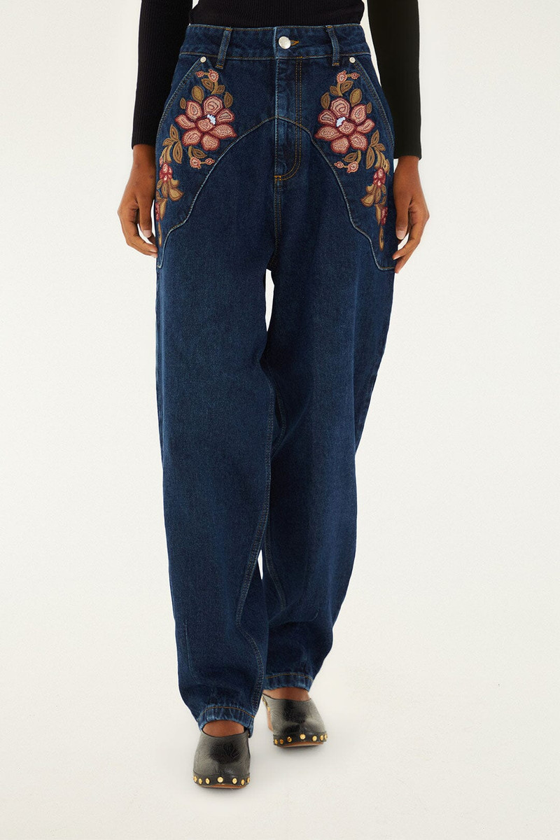 FARM RIO Denim Floral Embroidery Pants outlook