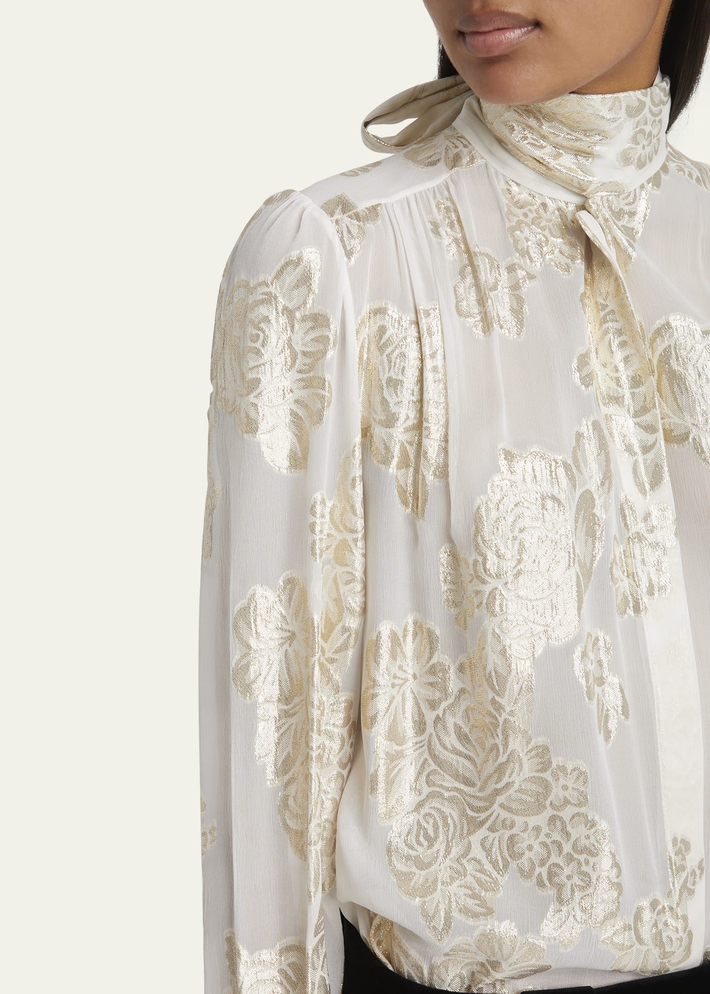 Metallic Floral Silk Scarf-Neck Top - 5