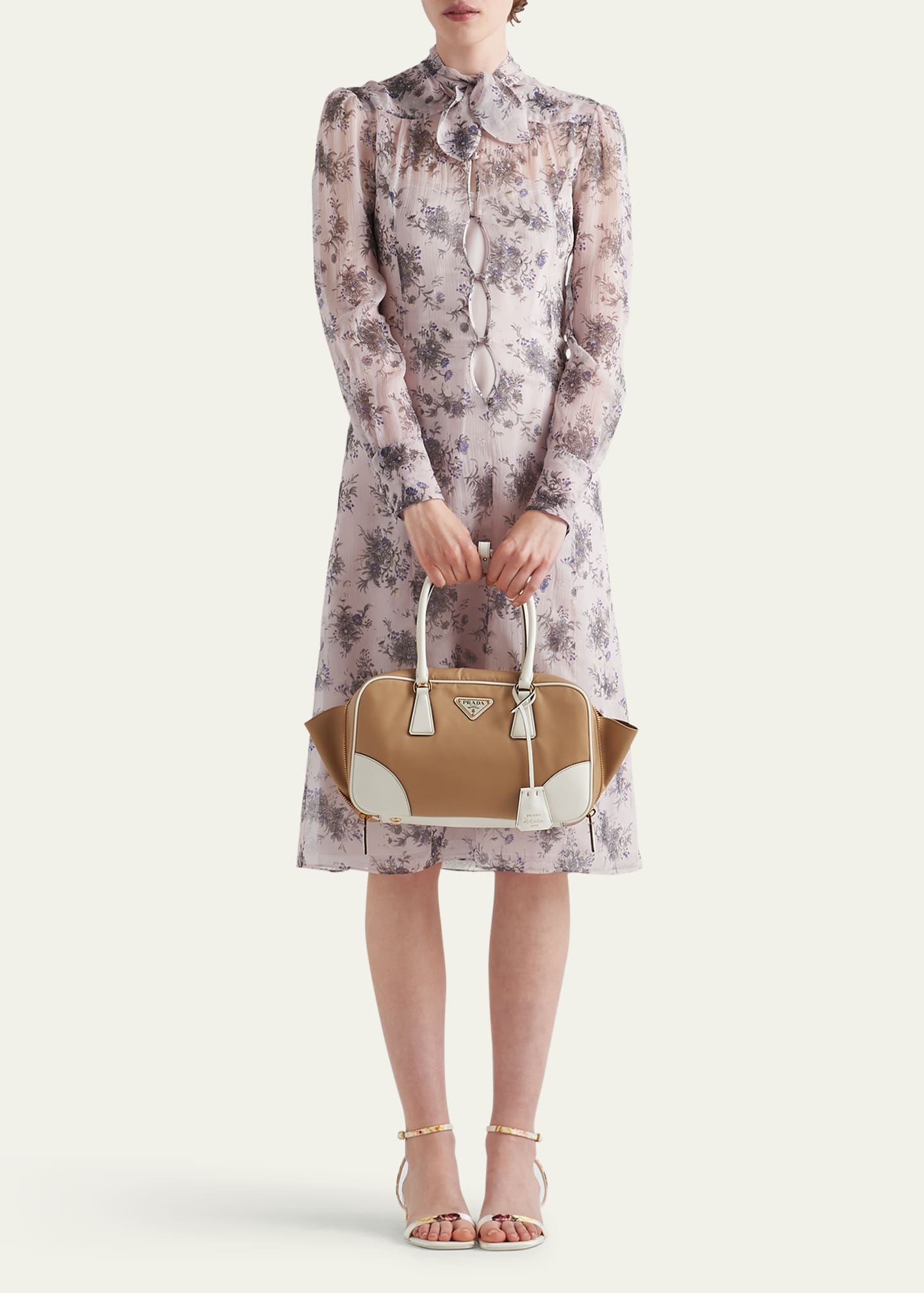 Floral Chiffon Scarf-Collar Midi Dress - 2
