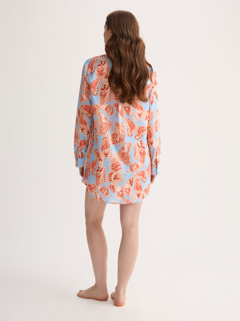 Women's Nightshirt Cotton Batiste Light Blue & Peach Butterfly Print 3