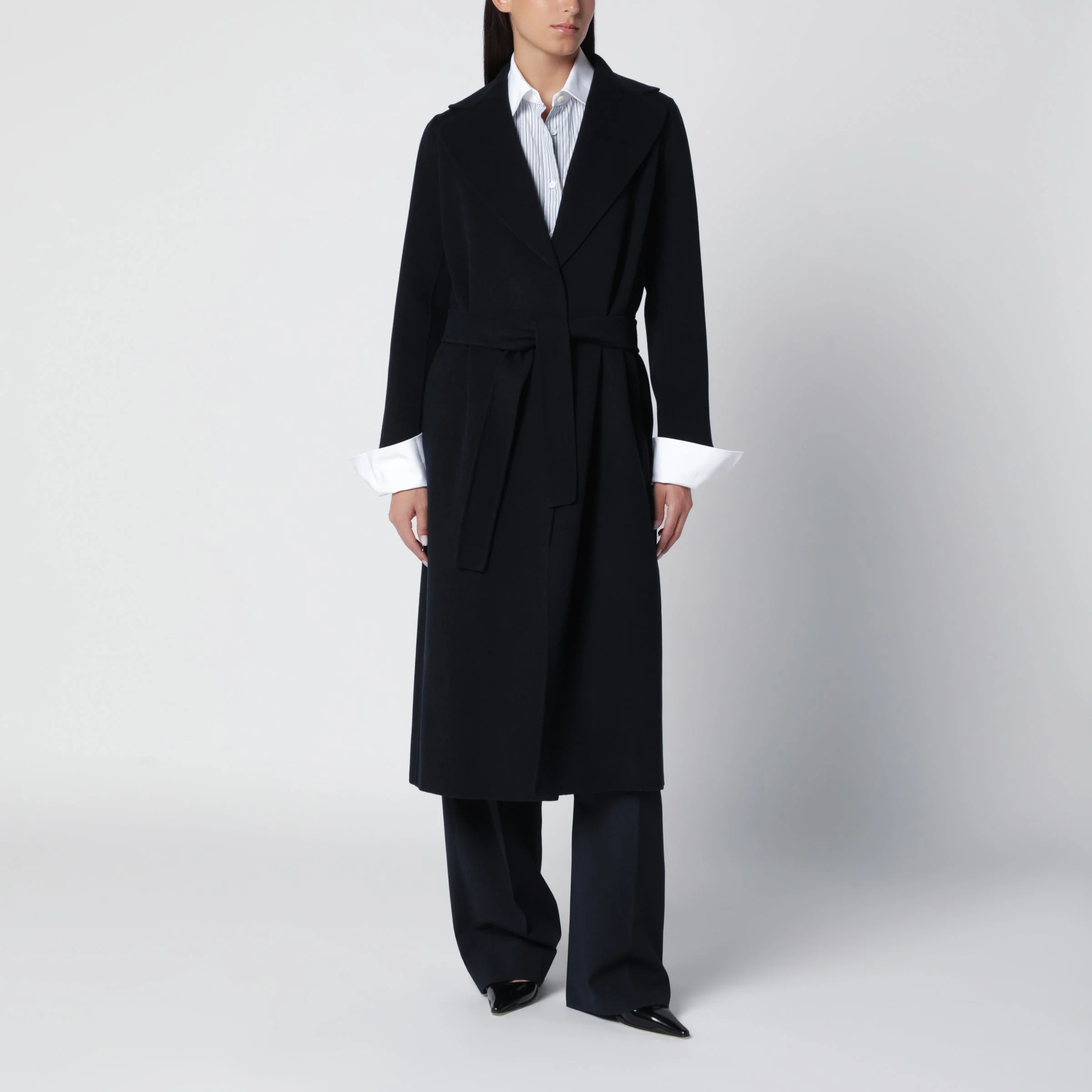 Long robe coat in dark blue virgin wool - 1