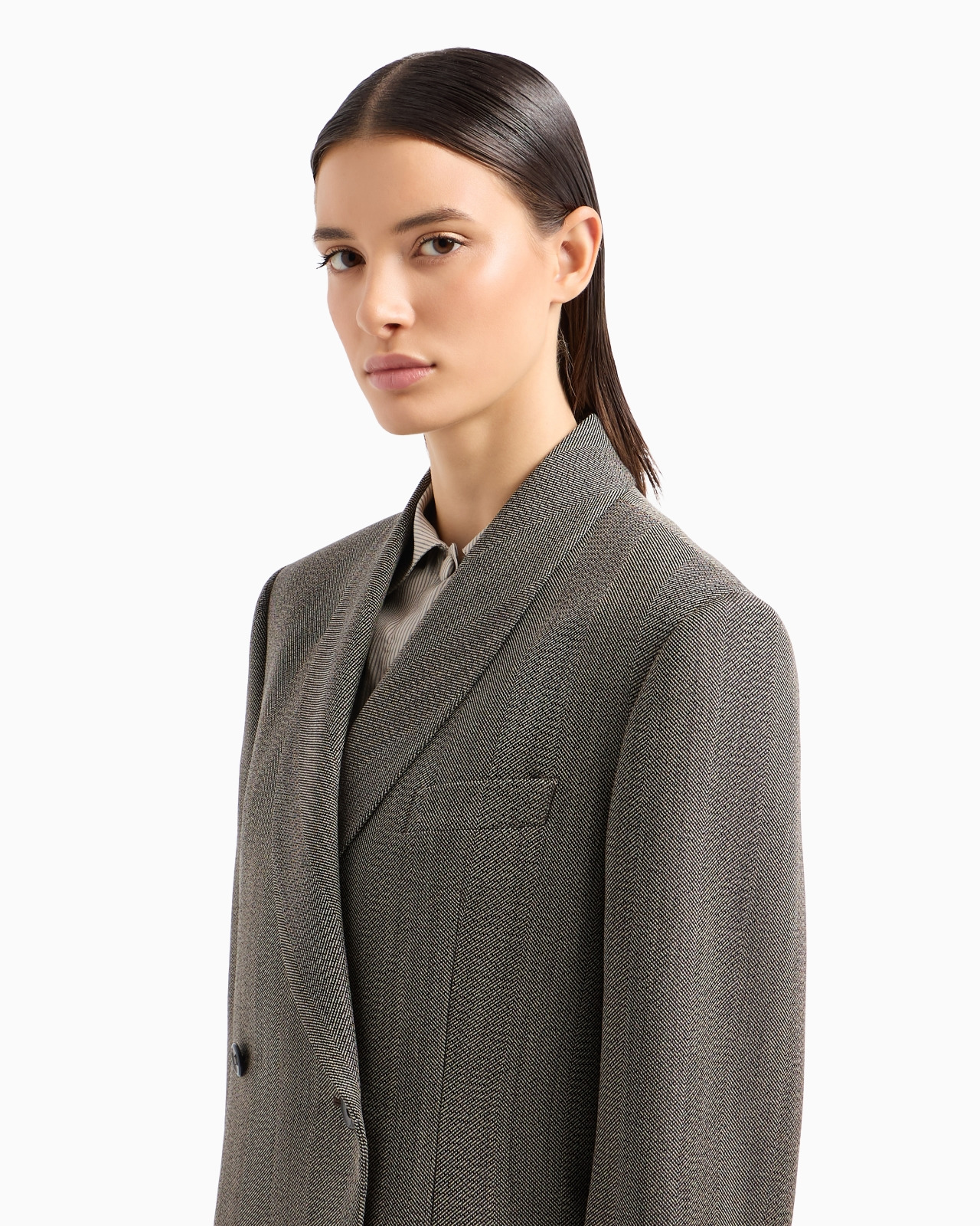MOULINÉ WOOL-BLEND CHEVRON MOTIF DOUBLE-BREASTED BLAZER WITH SHAWL COLLAR - 5