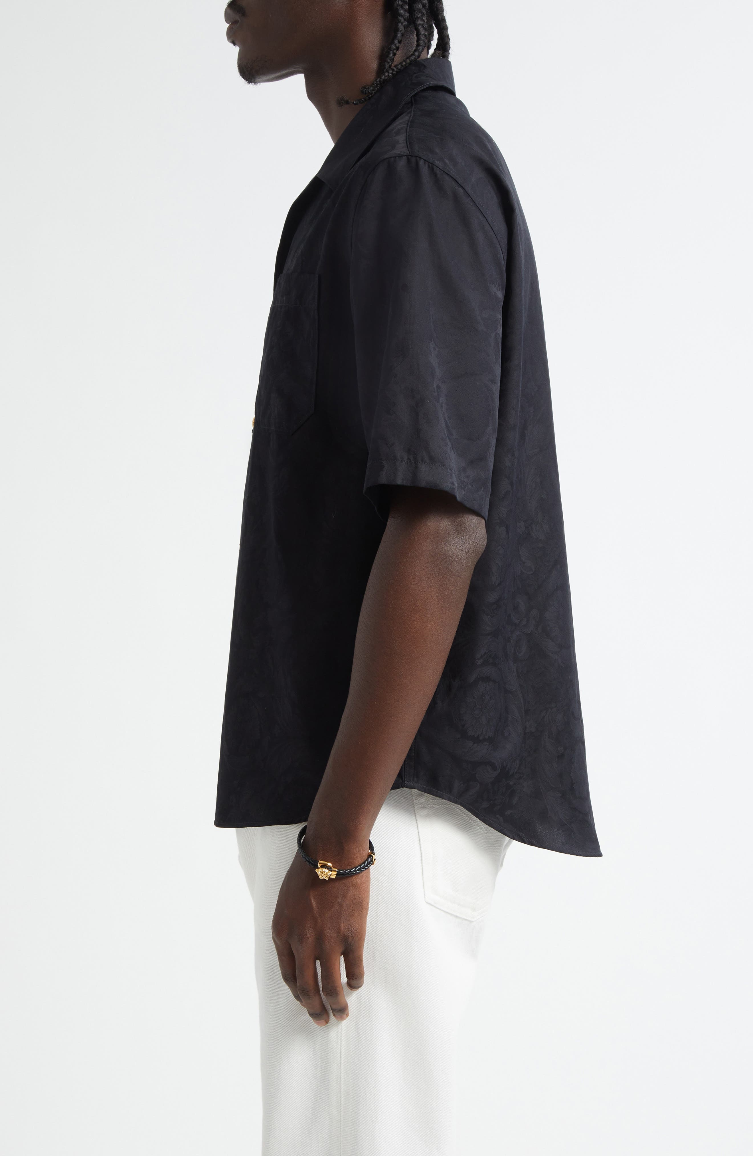 Versace Barocco Jacquard Cotton Poplin Camp Shirt in Black at Nordstrom - 4