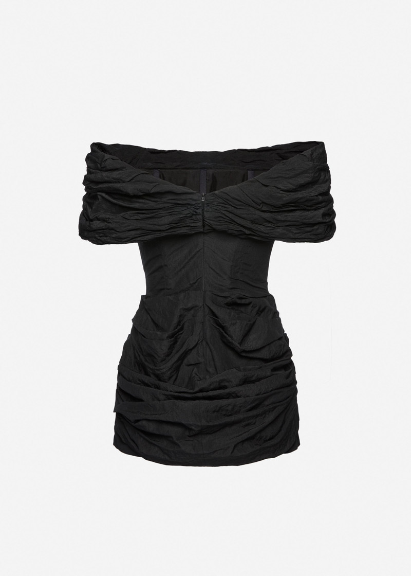 Off-shoulder draped mini dress in black 2