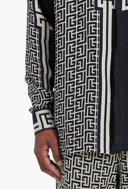 Oversized ivory and black cuprammonium rayon shirt with Balmain monogram print - 9