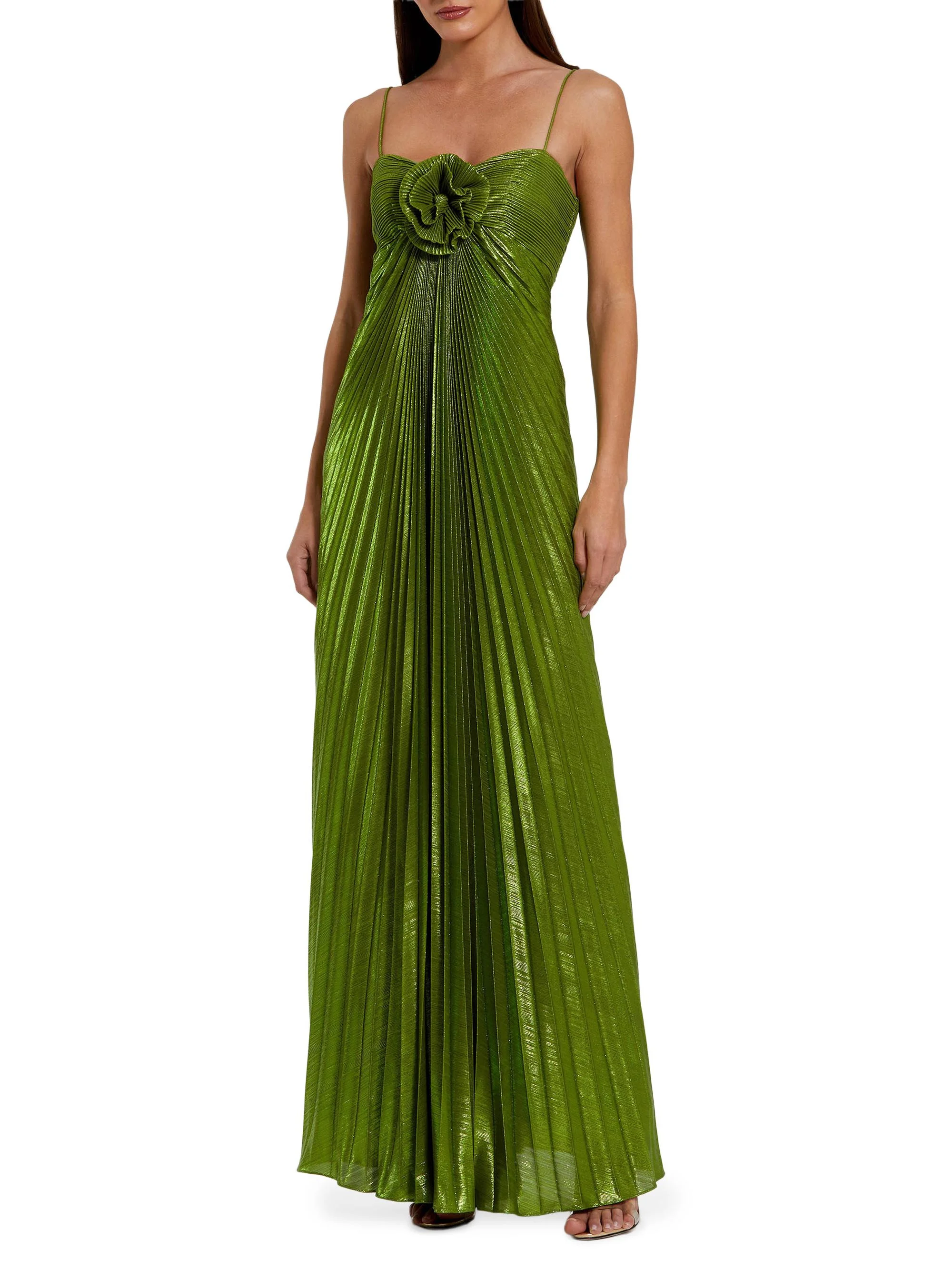 Women's Floral Metallic Pleated Gown - Apple Green - 1