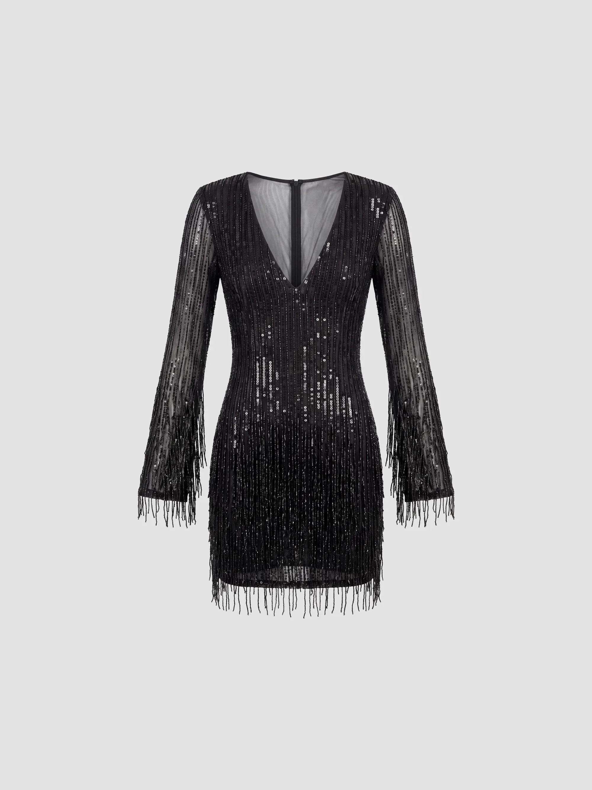 Women's Sequined Fringed Mini Dress - Black - 1