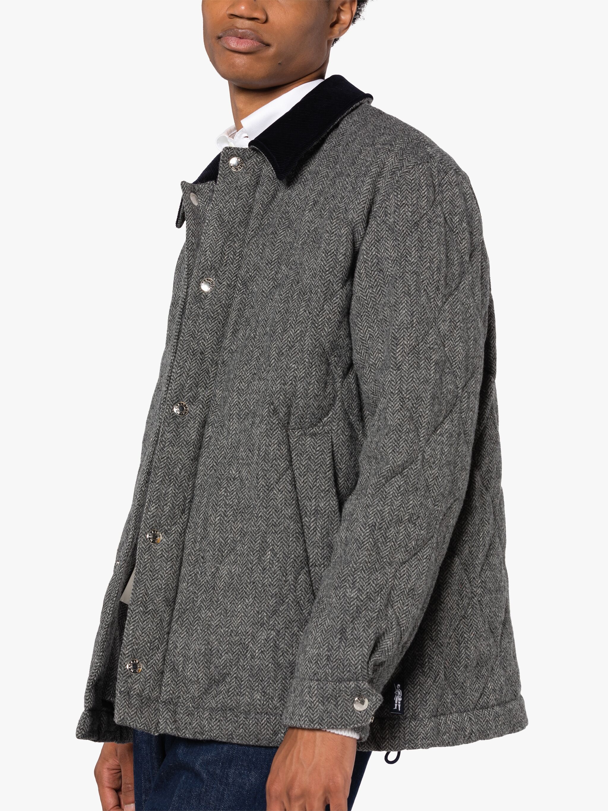 TEEMING GREY HERRINGBONE WOOL QUILTED COACH JACKET - 5