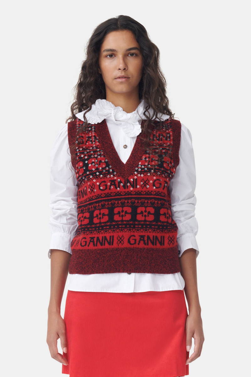 GANNI RED SEQUINS LOGO WOOL MIX VEST outlook