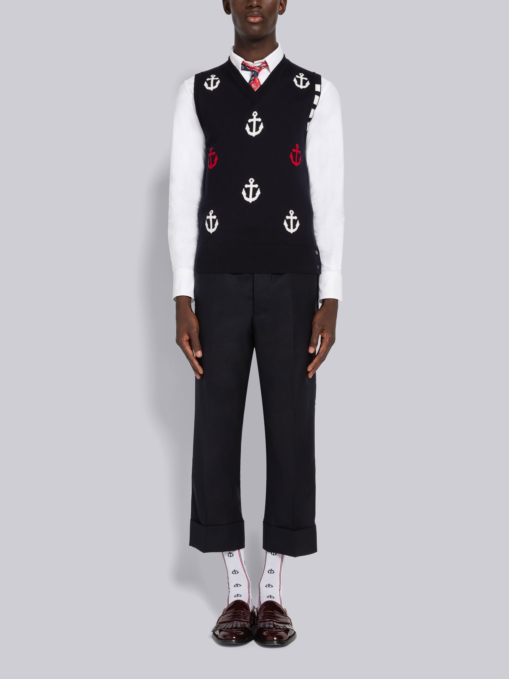Anchor Intarsia 4-Bar V-Neck Vest - 4